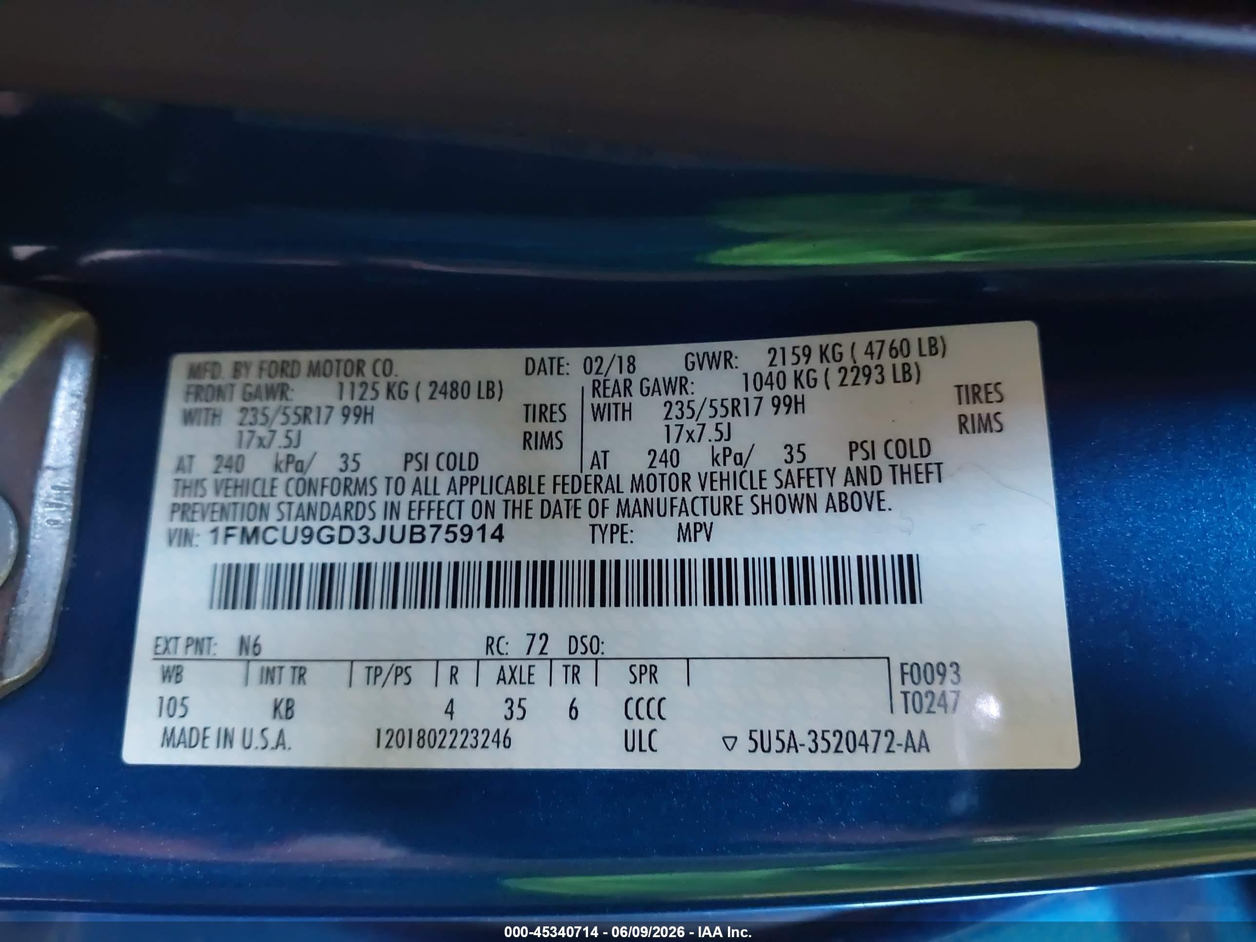 2018 Ford Escape Se Blue vin: 1FMCU9GD3JUB75914