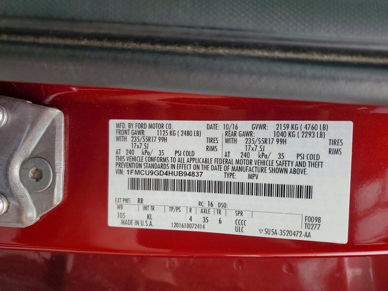 2017 Ford Escape Se Бордовый vin: 1FMCU9GD4HUB94837