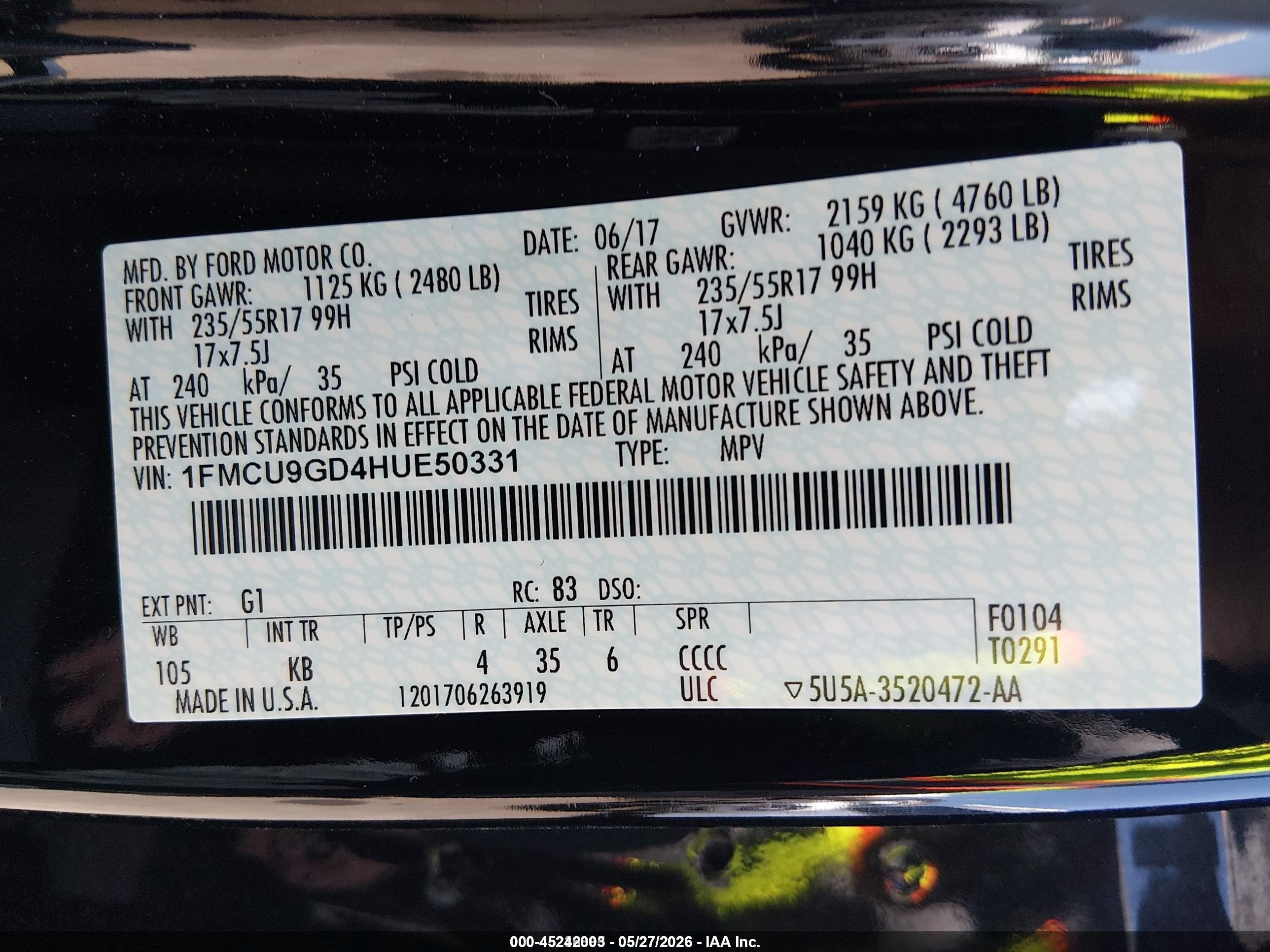 2017 Ford Escape Se Black vin: 1FMCU9GD4HUE50331