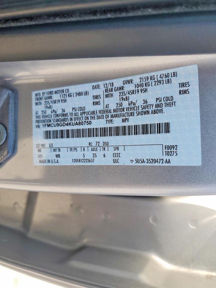 2019 Ford Escape Se Silver vin: 1FMCU9GD4KUA80750