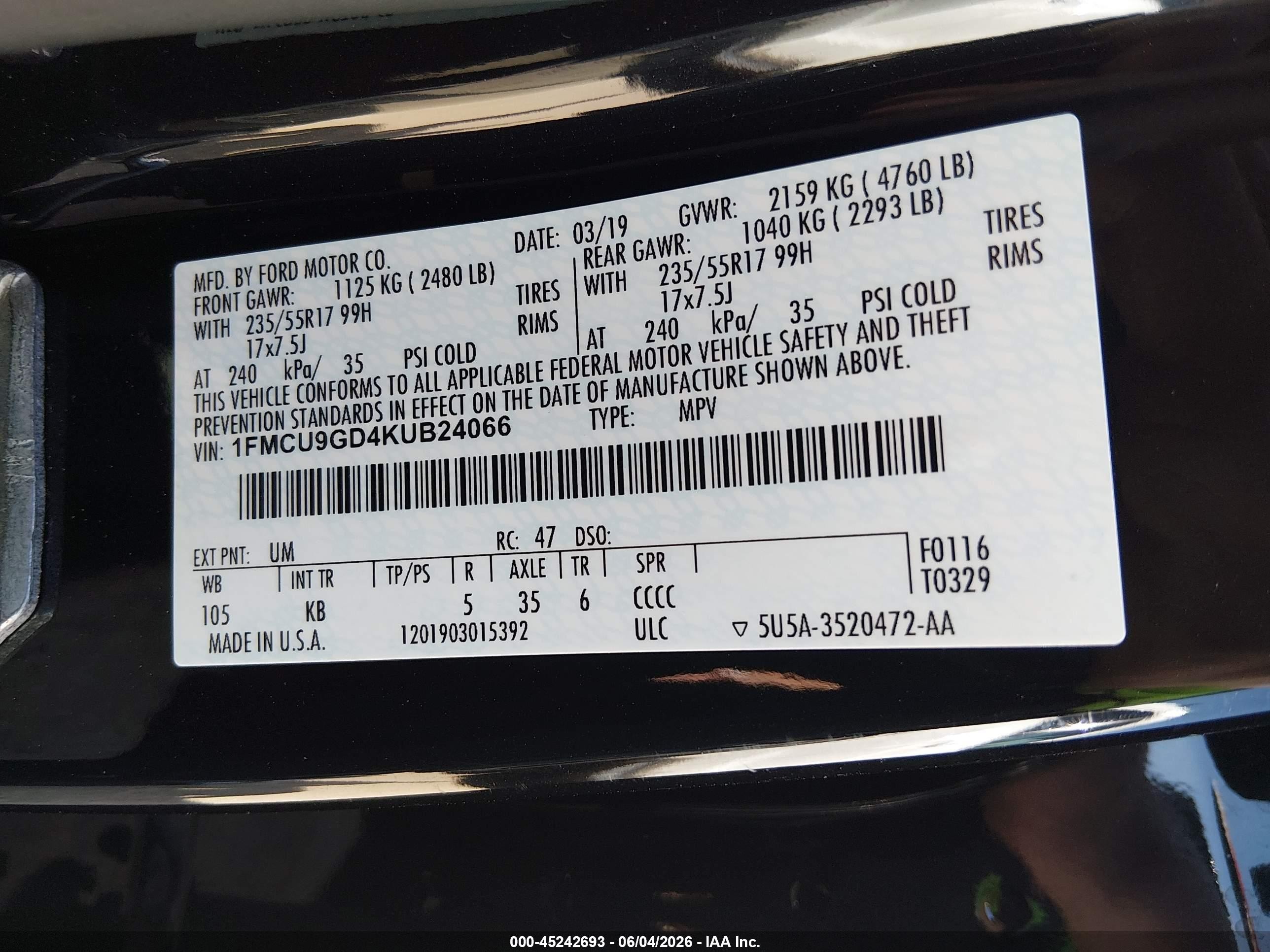 2019 Ford Escape Se Black vin: 1FMCU9GD4KUB24066