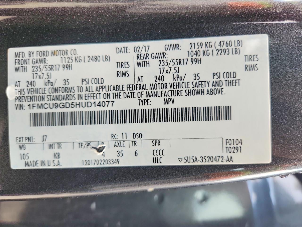 2017 Ford Escape Se Gray vin: 1FMCU9GD5HUD14077