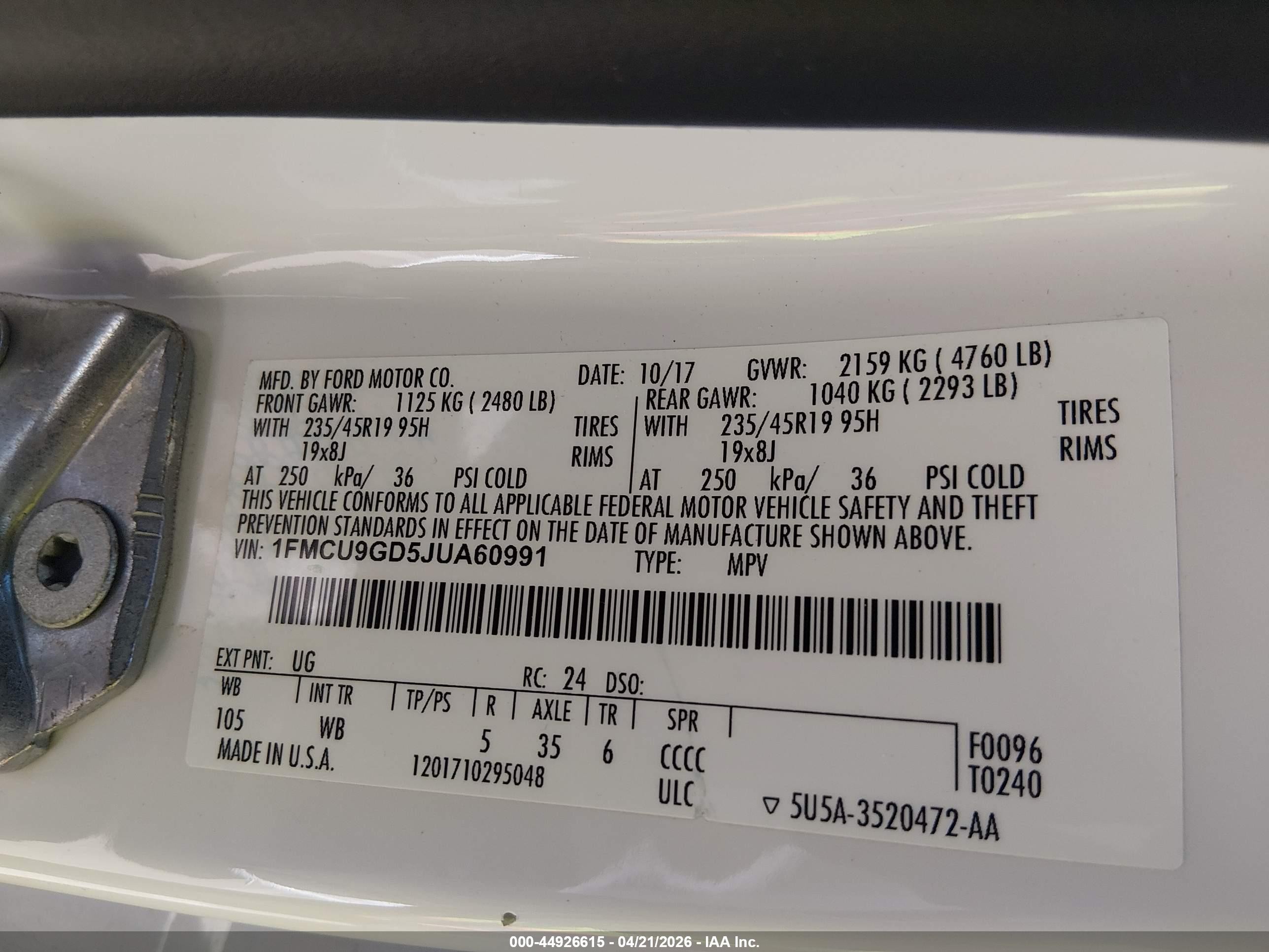 2018 Ford Escape Se White vin: 1FMCU9GD5JUA60991