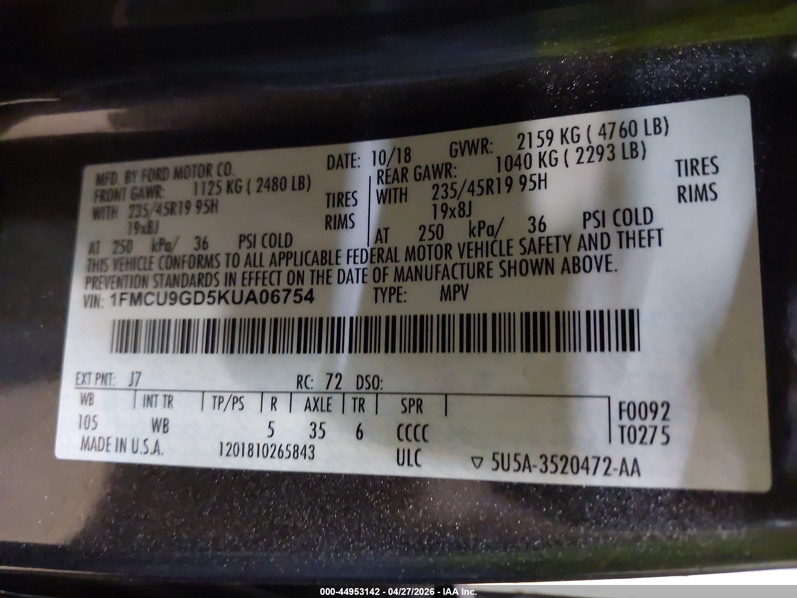 2019 Ford Escape Se Gray vin: 1FMCU9GD5KUA06754