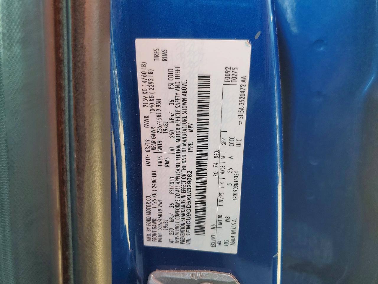 2019 Ford Escape Se Синий vin: 1FMCU9GD5KUB29082