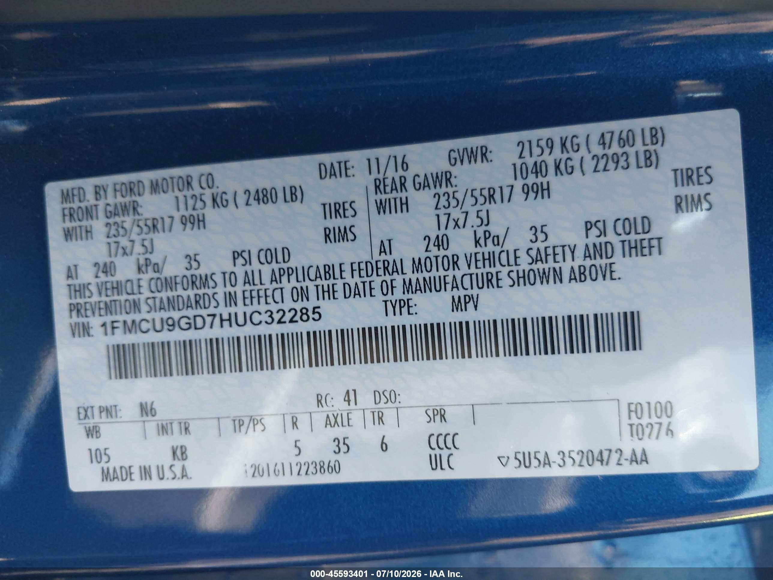 2017 Ford Escape Se Blue vin: 1FMCU9GD7HUC32285