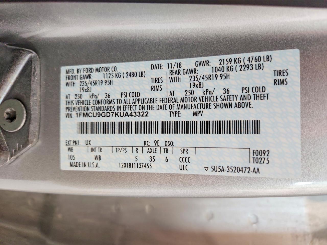 2019 Ford Escape Se Silver vin: 1FMCU9GD7KUA43322