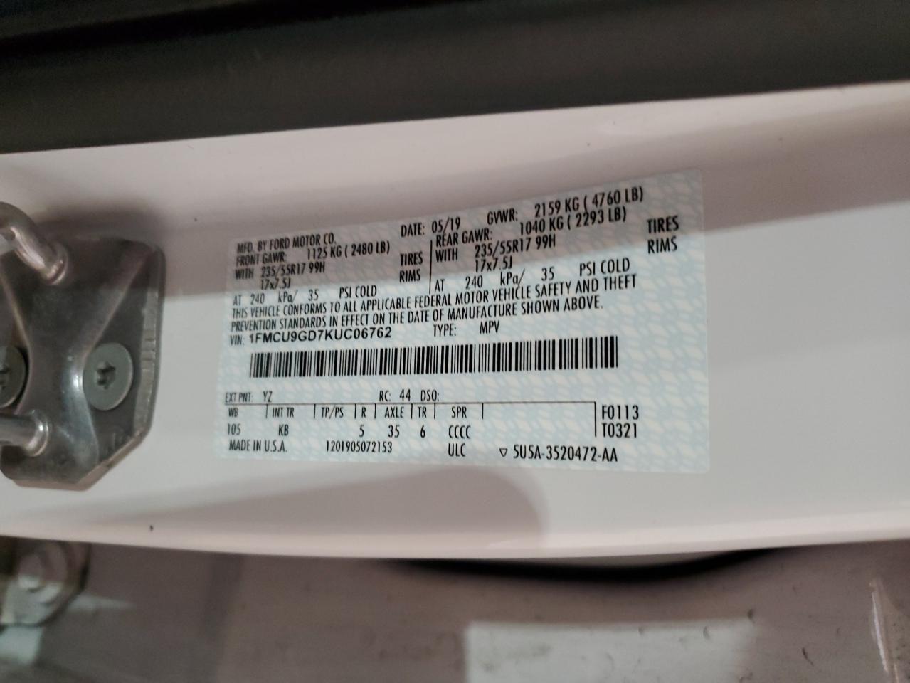 2019 Ford Escape Se White vin: 1FMCU9GD7KUC06762