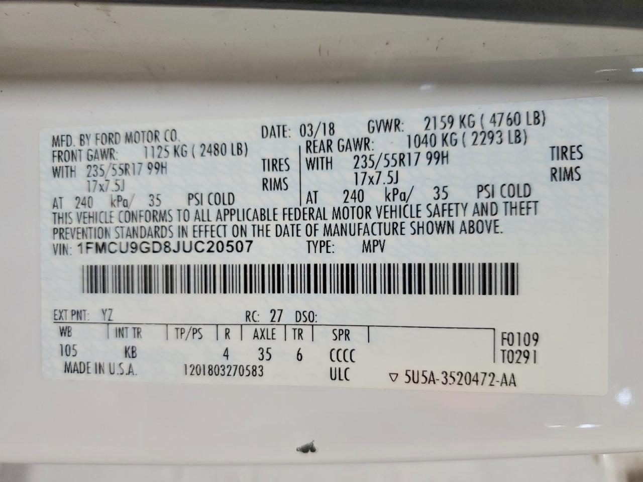 2018 Ford Escape Se White vin: 1FMCU9GD8JUC20507