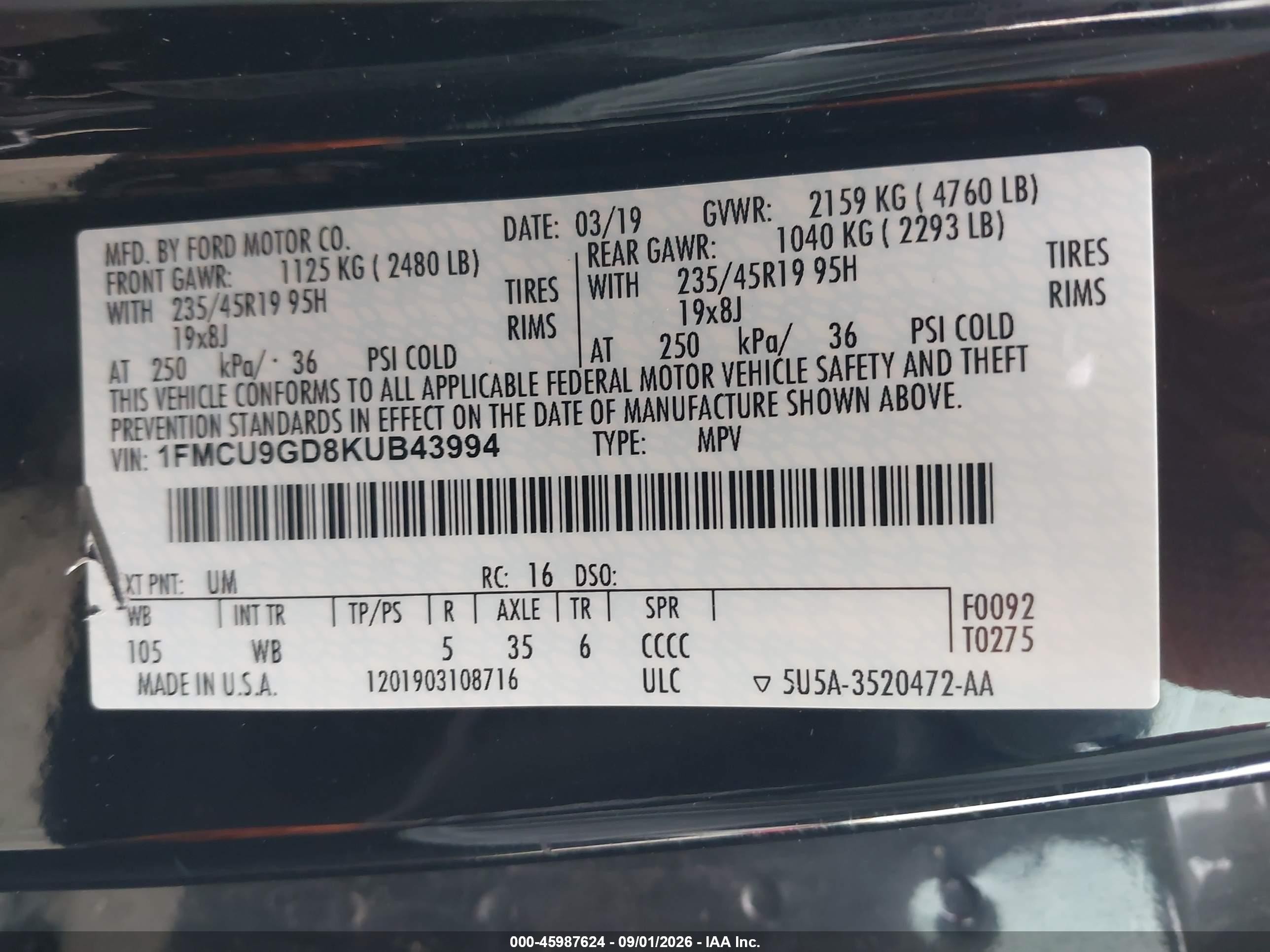 2019 Ford Escape Se Black vin: 1FMCU9GD8KUB43994