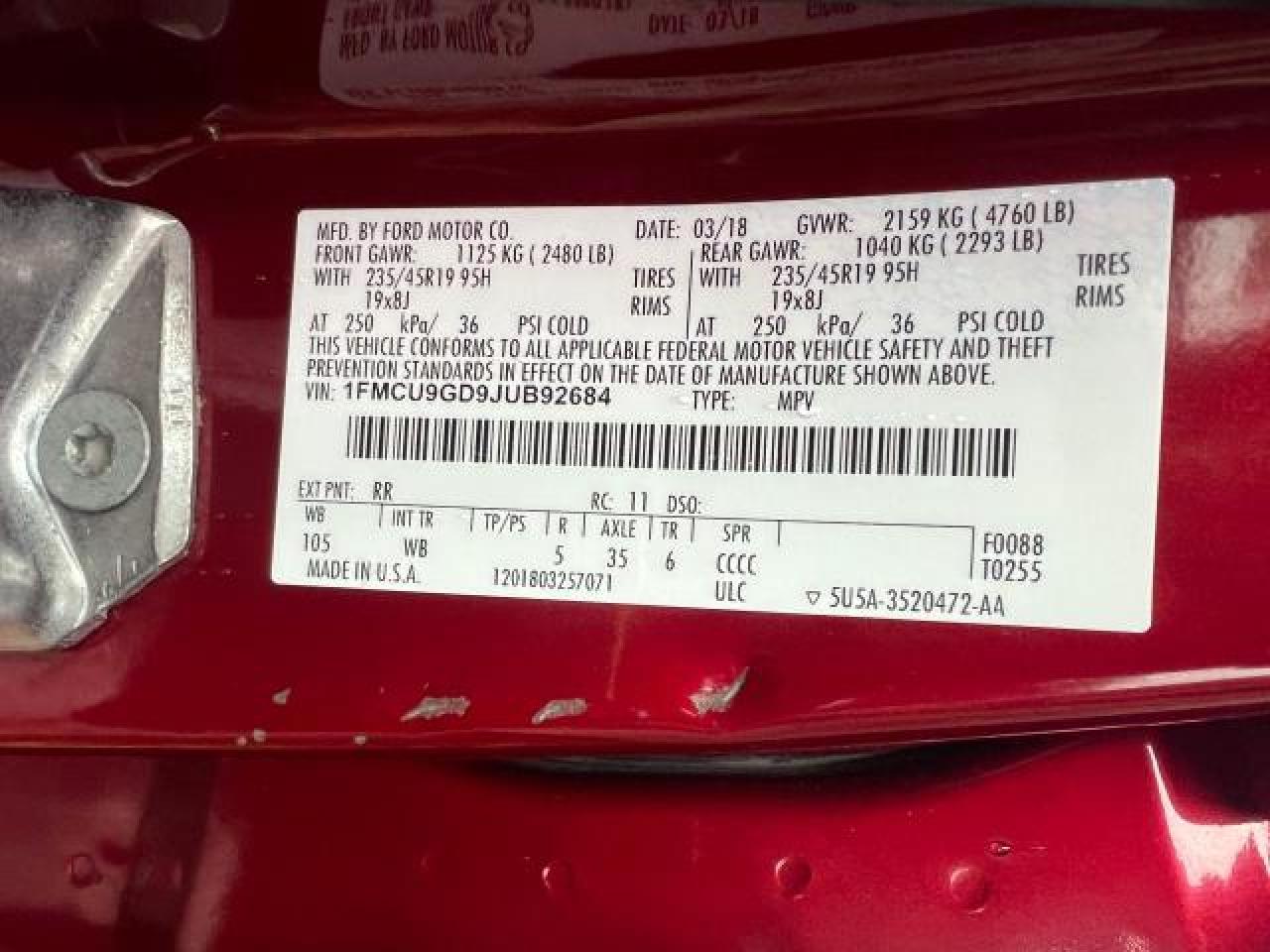 2018 Ford Escape Se Red vin: 1FMCU9GD9JUB92684