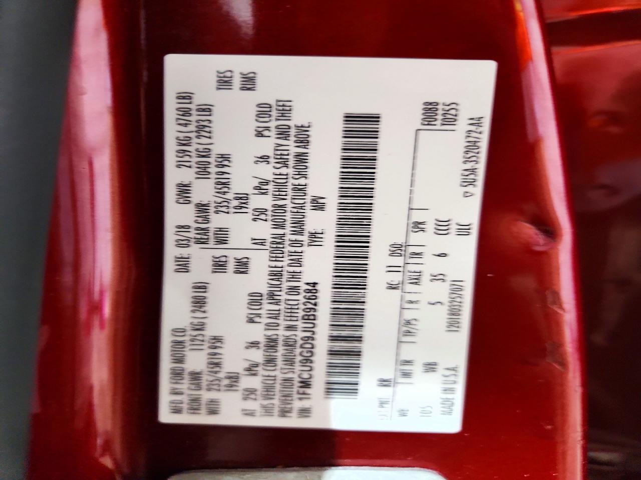 2018 Ford Escape Se Burgundy vin: 1FMCU9GD9JUB92684