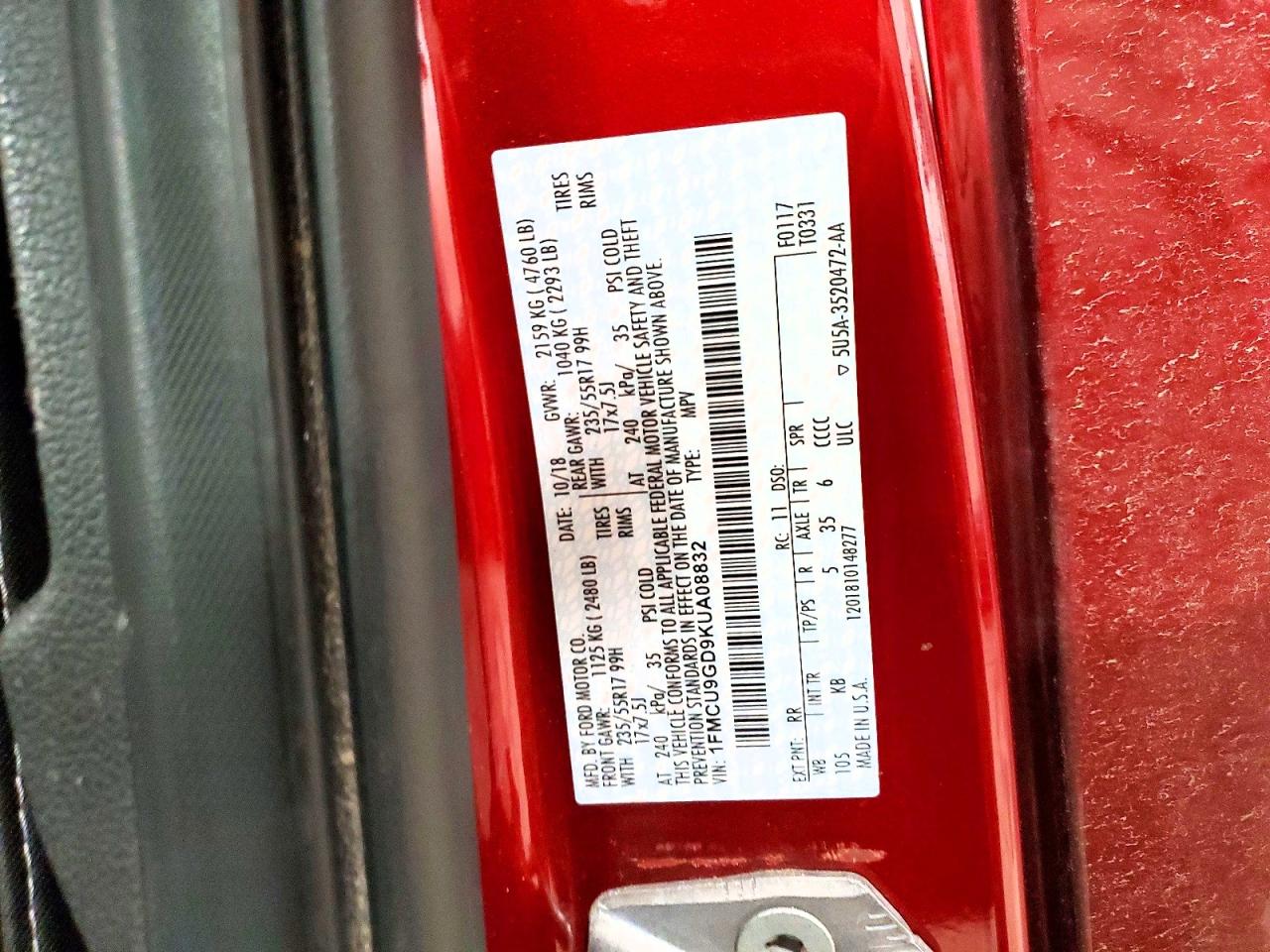 2019 Ford Escape Se Red vin: 1FMCU9GD9KUA08832
