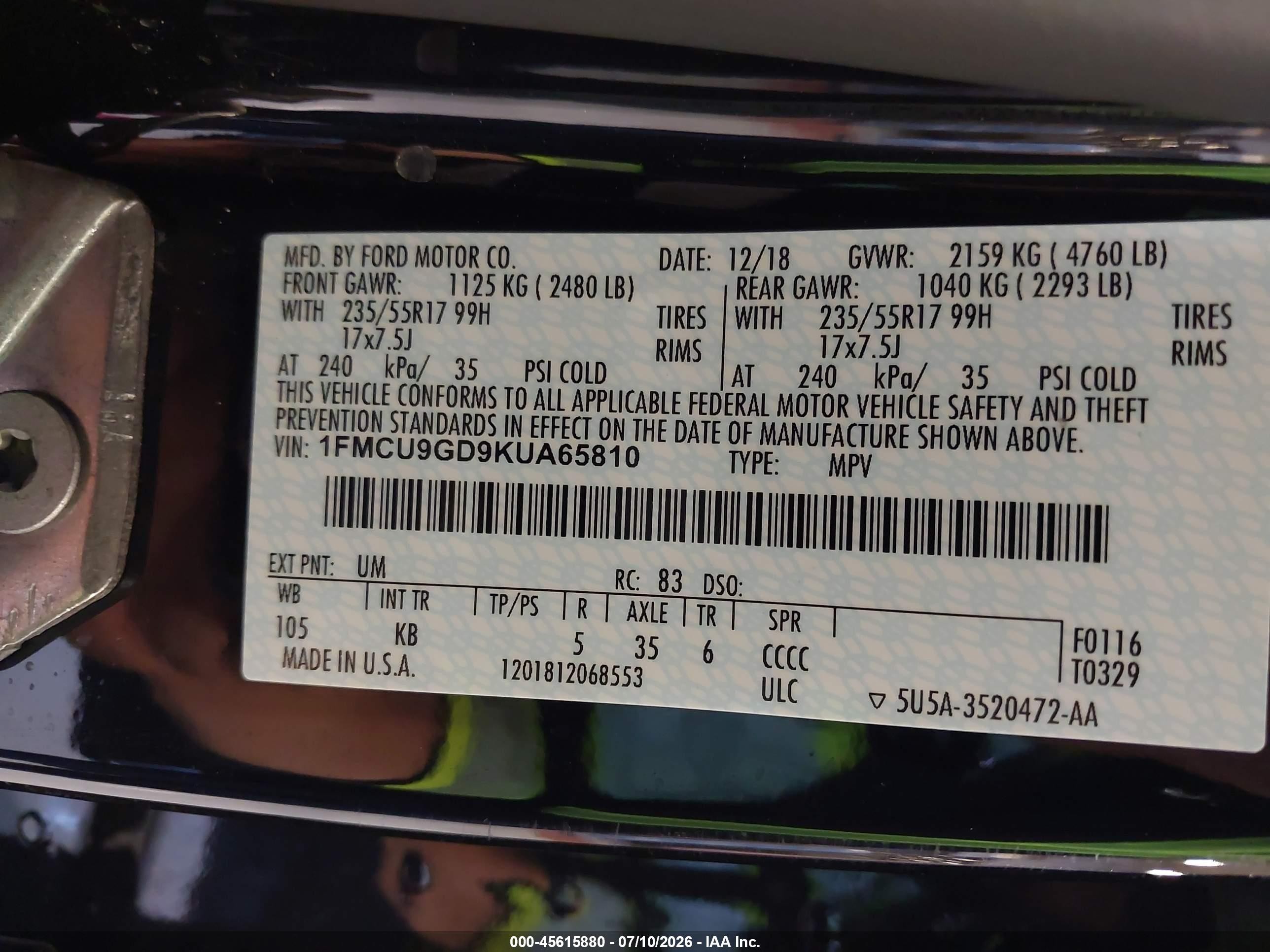 2019 Ford Escape Se Black vin: 1FMCU9GD9KUA65810