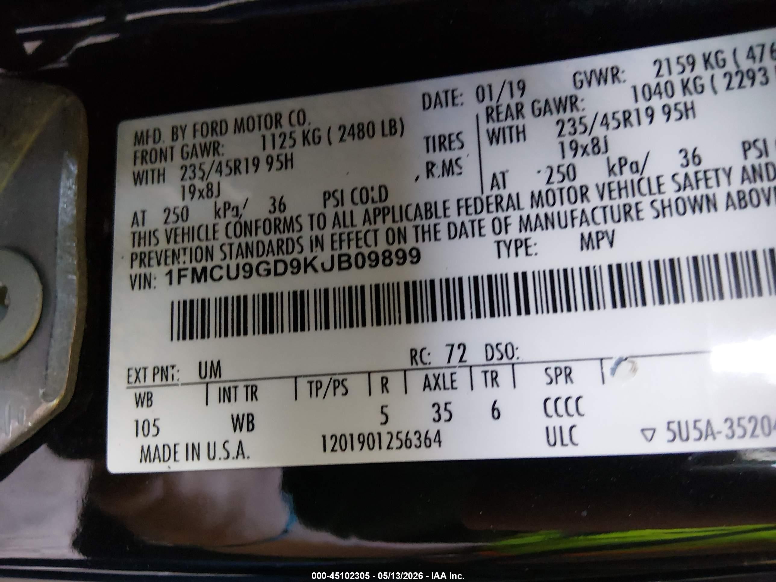 2019 Ford Escape Se Black vin: 1FMCU9GD9KUB09899