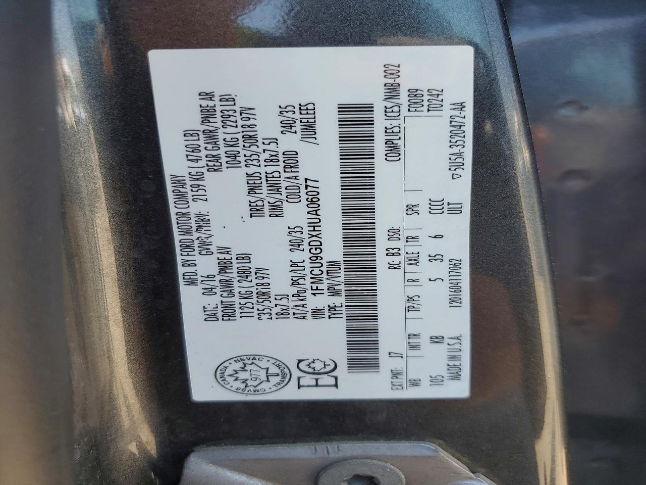 2017 Ford Escape Se Gray vin: 1FMCU9GDXHUA06077