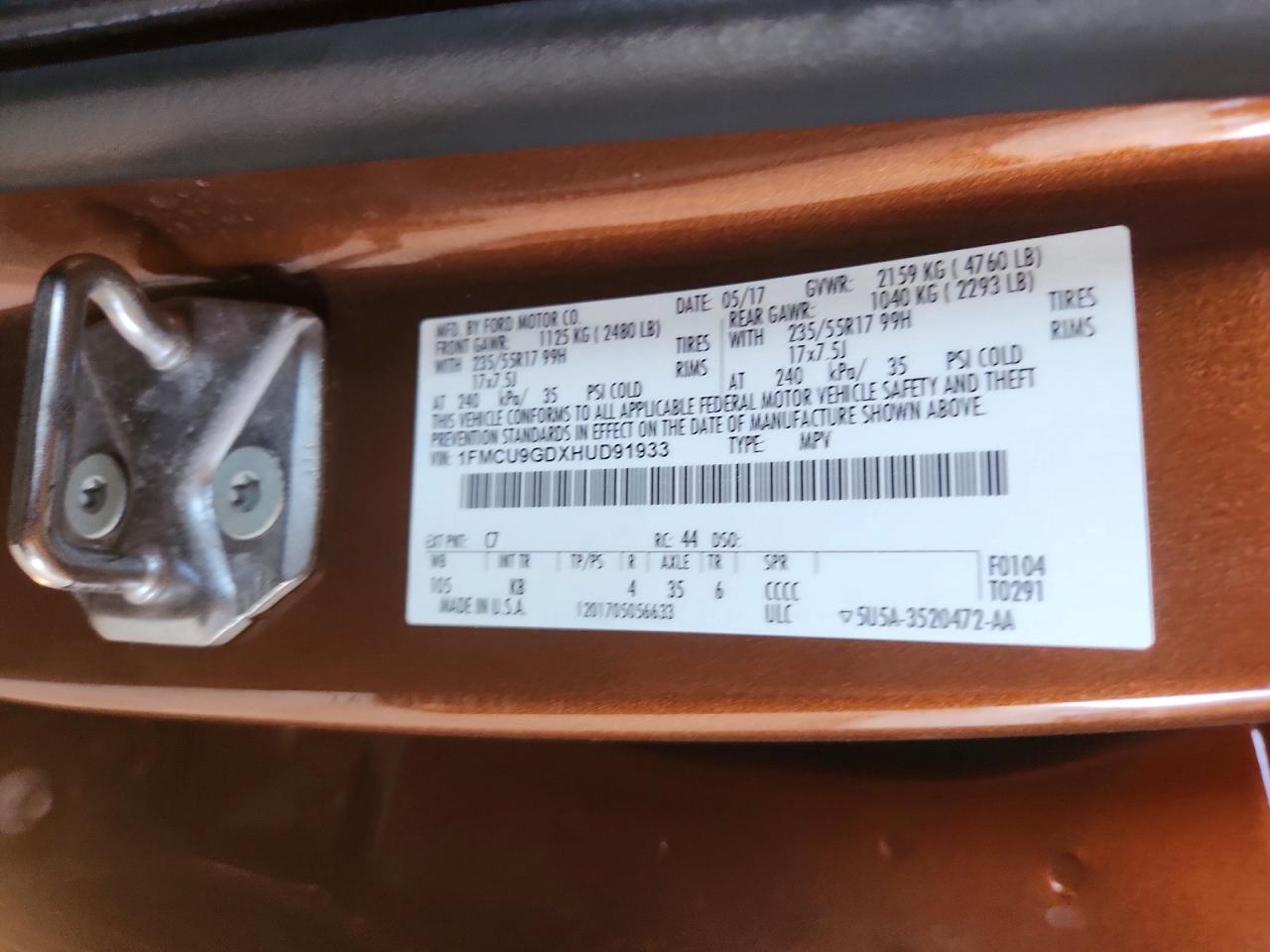 2017 Ford Escape Se Brown vin: 1FMCU9GDXHUD91933