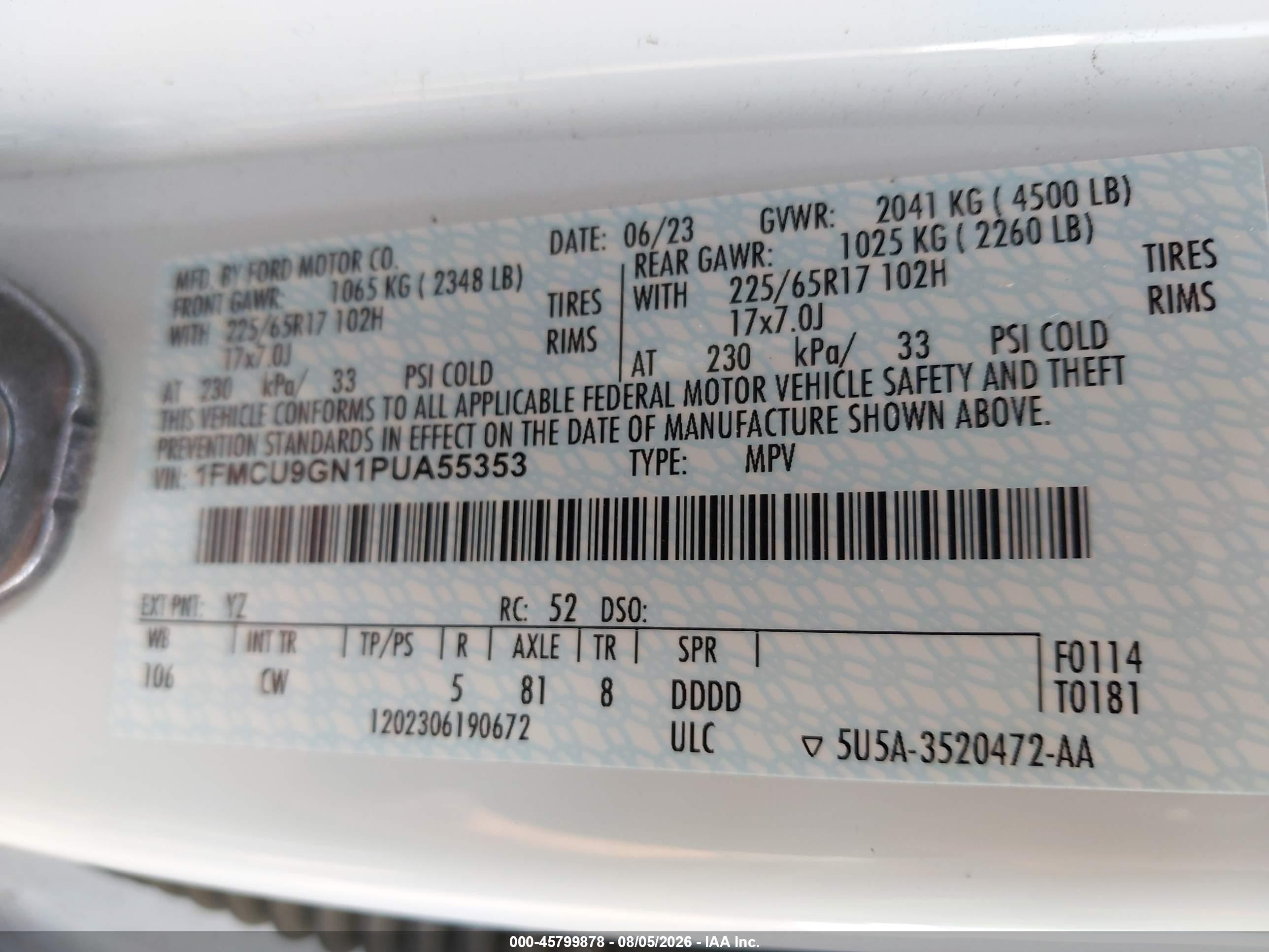 2023 Ford Escape Active White vin: 1FMCU9GN1PUA55353
