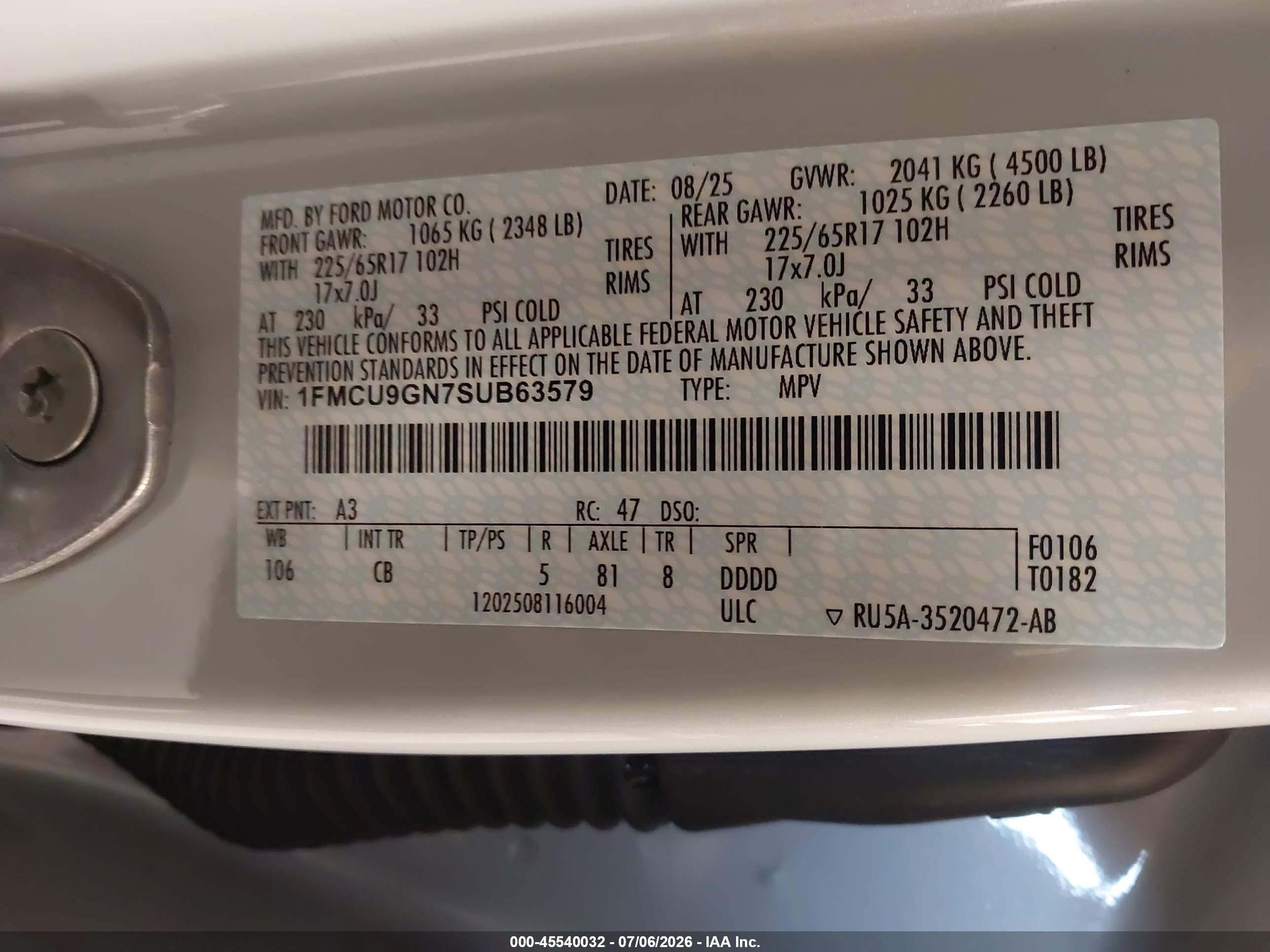 2025 Ford Escape Active White vin: 1FMCU9GN7SUB63579