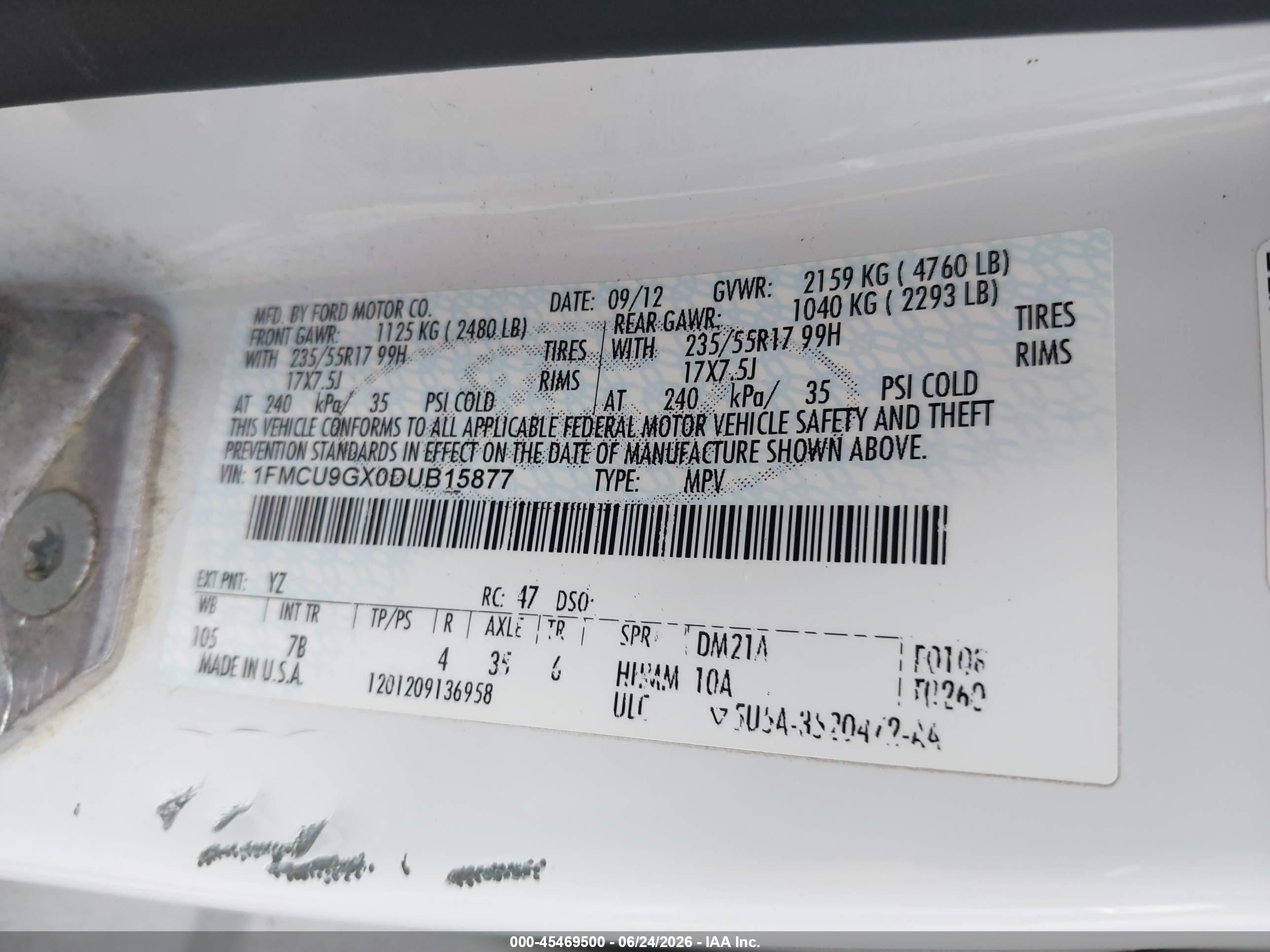 2013 Ford Escape Se White vin: 1FMCU9GX0DUB15877