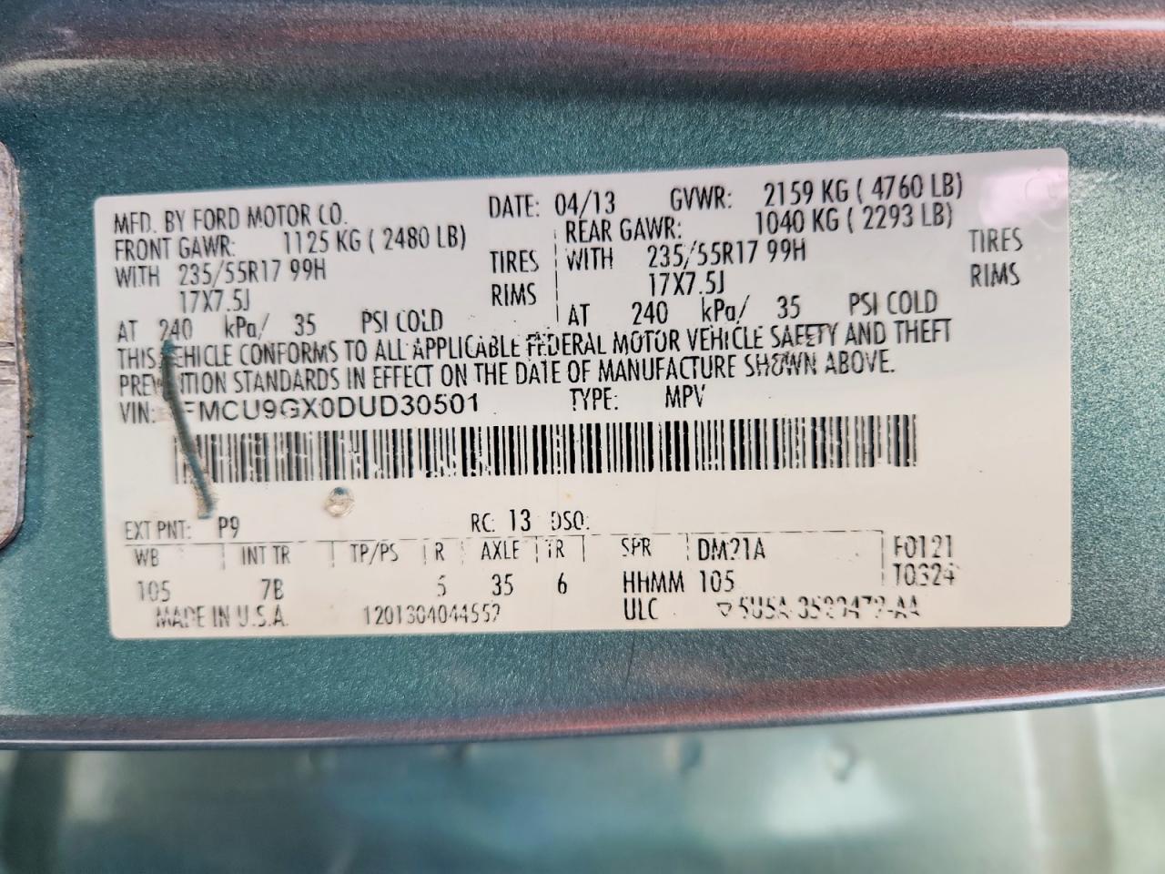2013 Ford Escape Se Turquoise vin: 1FMCU9GX0DUD30501