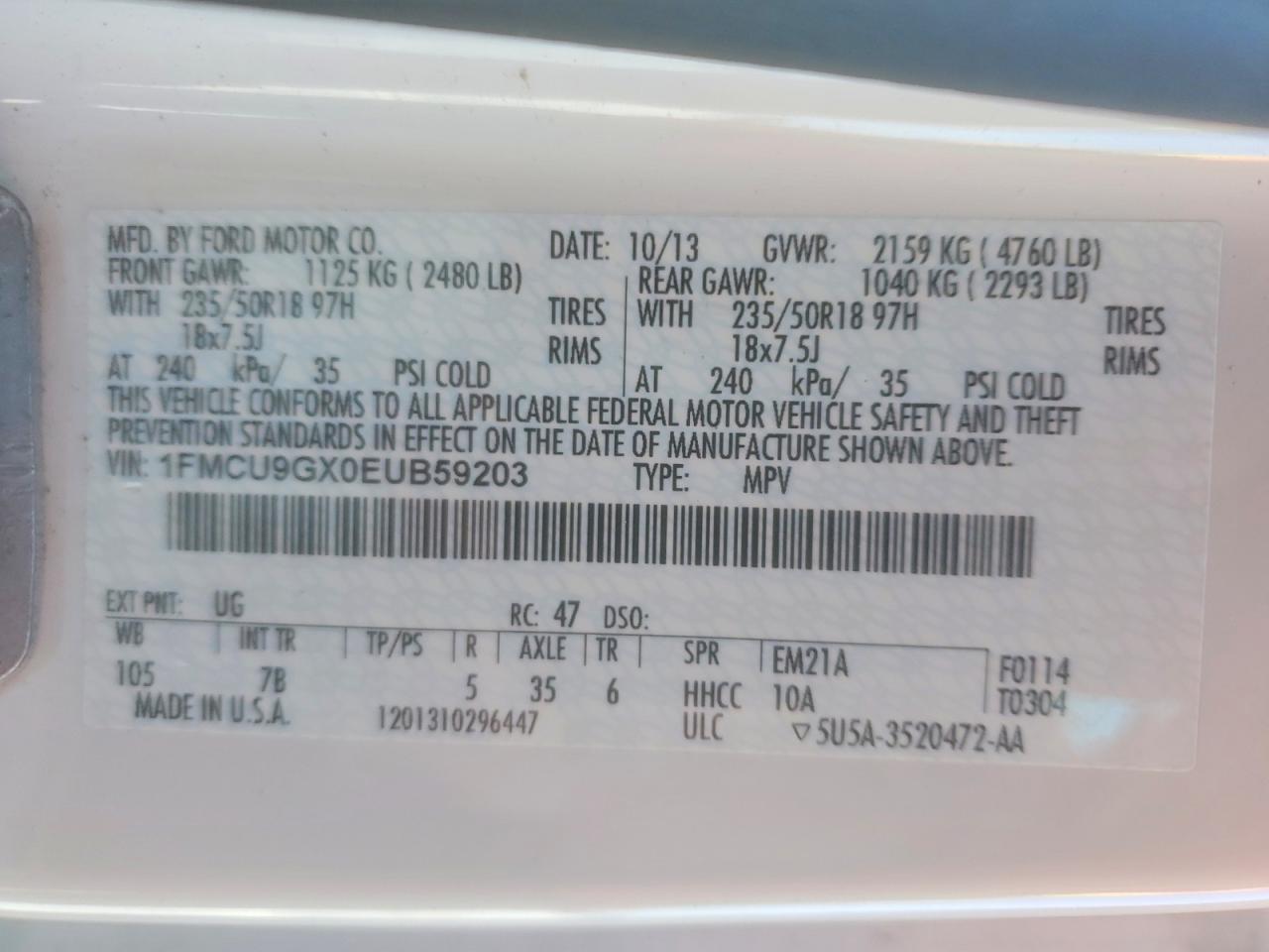 2014 Ford Escape Se White vin: 1FMCU9GX0EUB59203