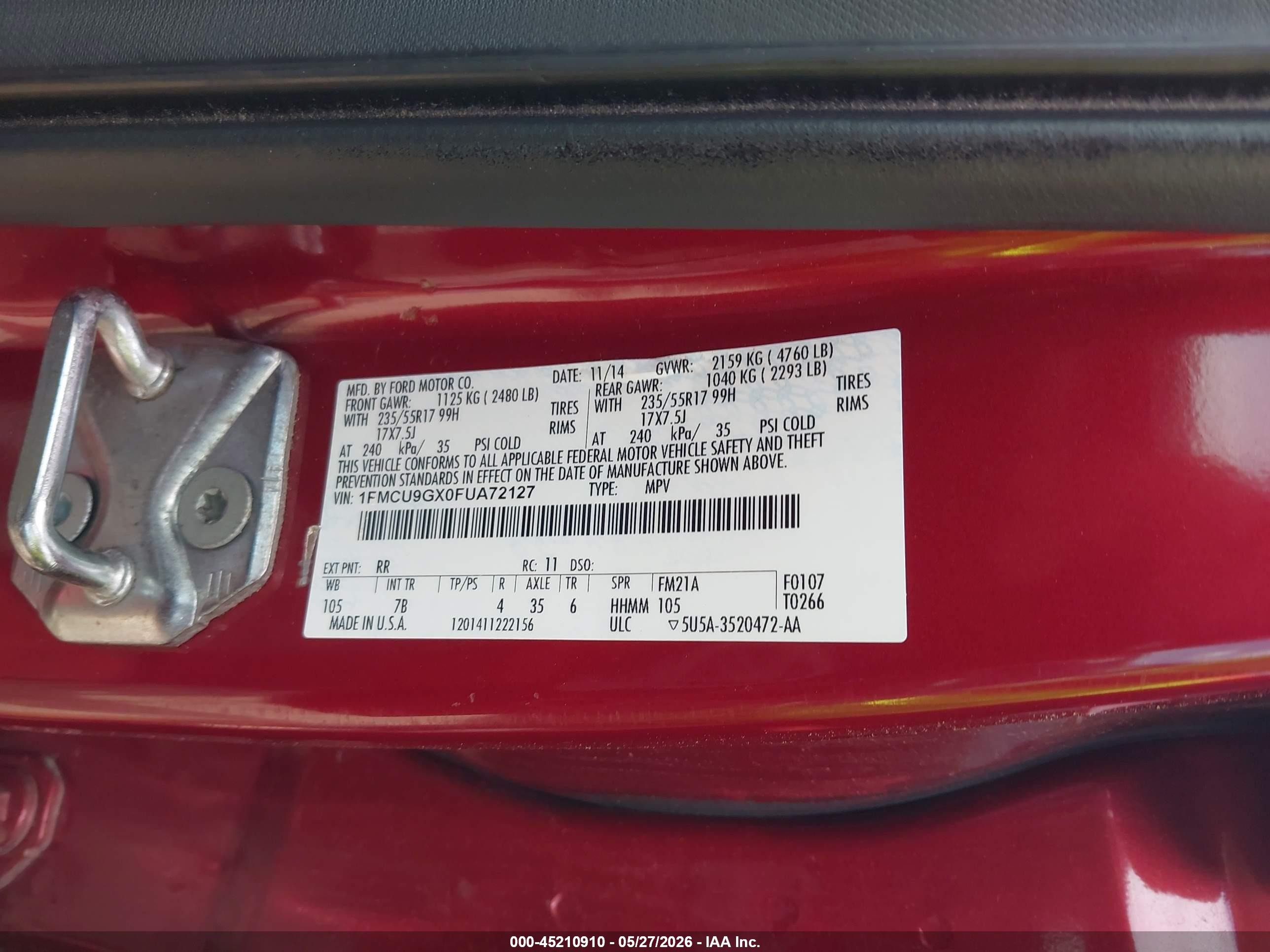 2015 Ford Escape Se Red vin: 1FMCU9GX0FUA72127