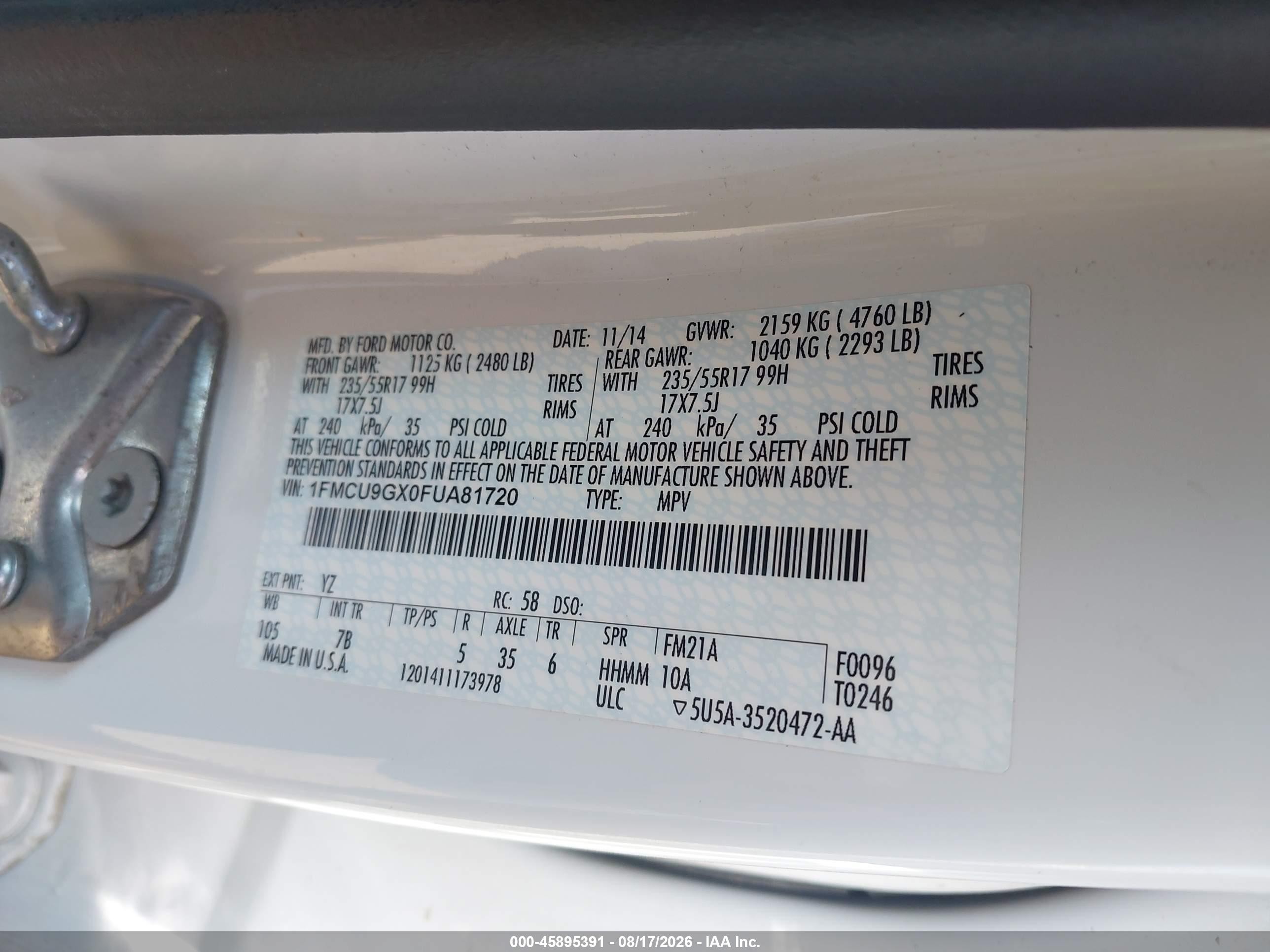 2015 Ford Escape Se Белый vin: 1FMCU9GX0FUA81720