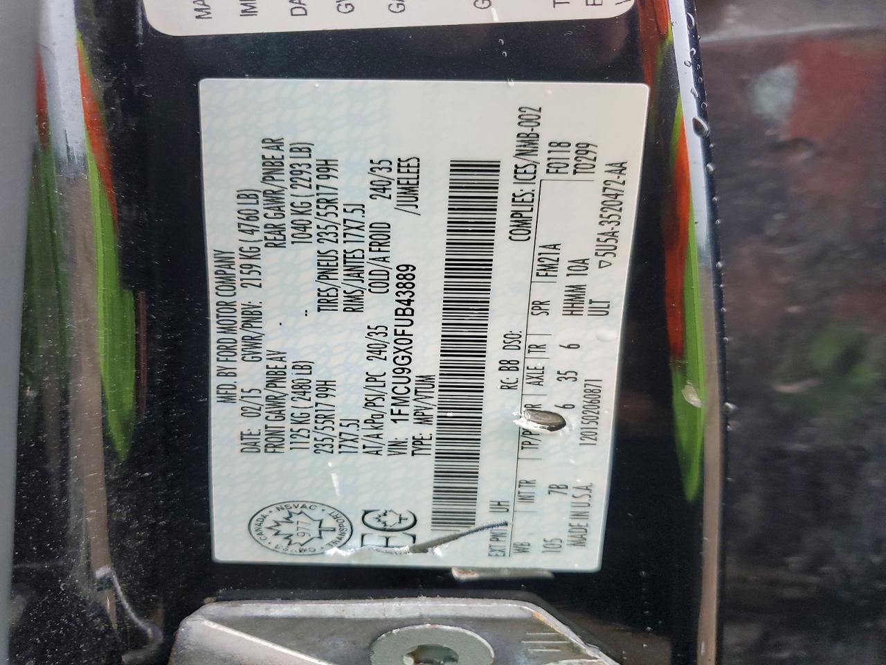 2015 Ford Escape Black vin: 1FMCU9GX0FUB43889