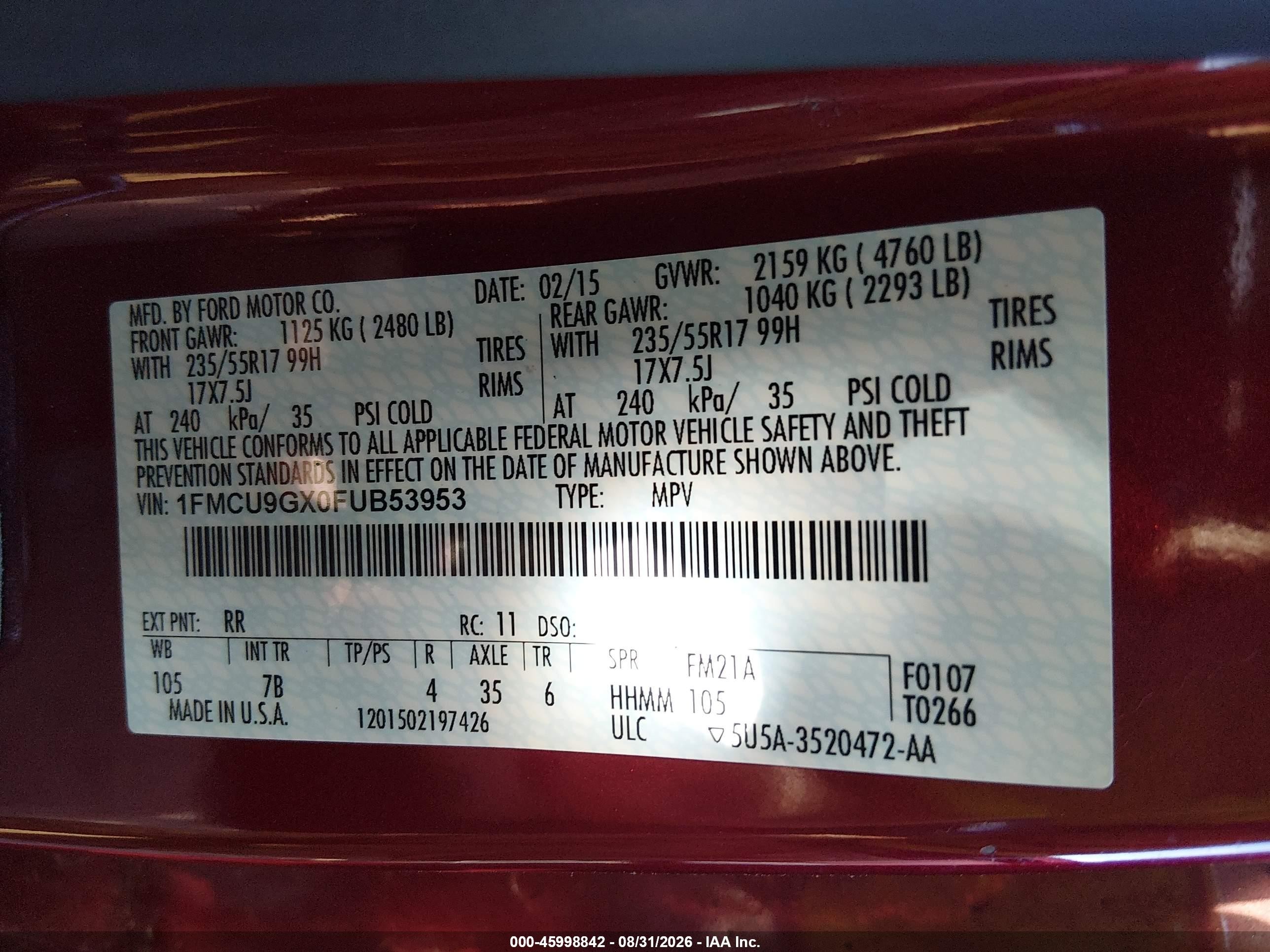 2015 Ford Escape Se Red vin: 1FMCU9GX0FUB53953