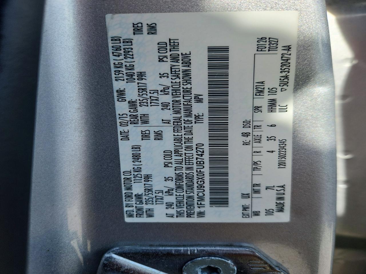 2015 Ford Escape Se Silver vin: 1FMCU9GX0FUB74270