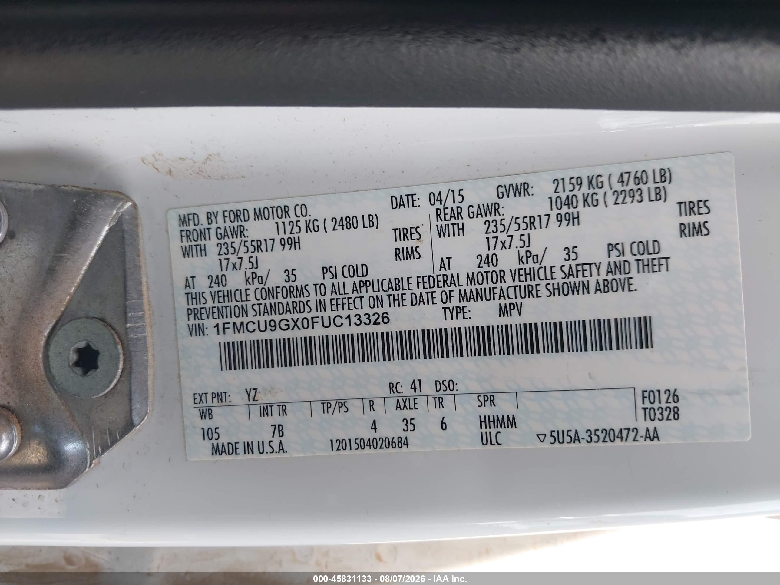 2015 Ford Escape Se White vin: 1FMCU9GX0FUC13326