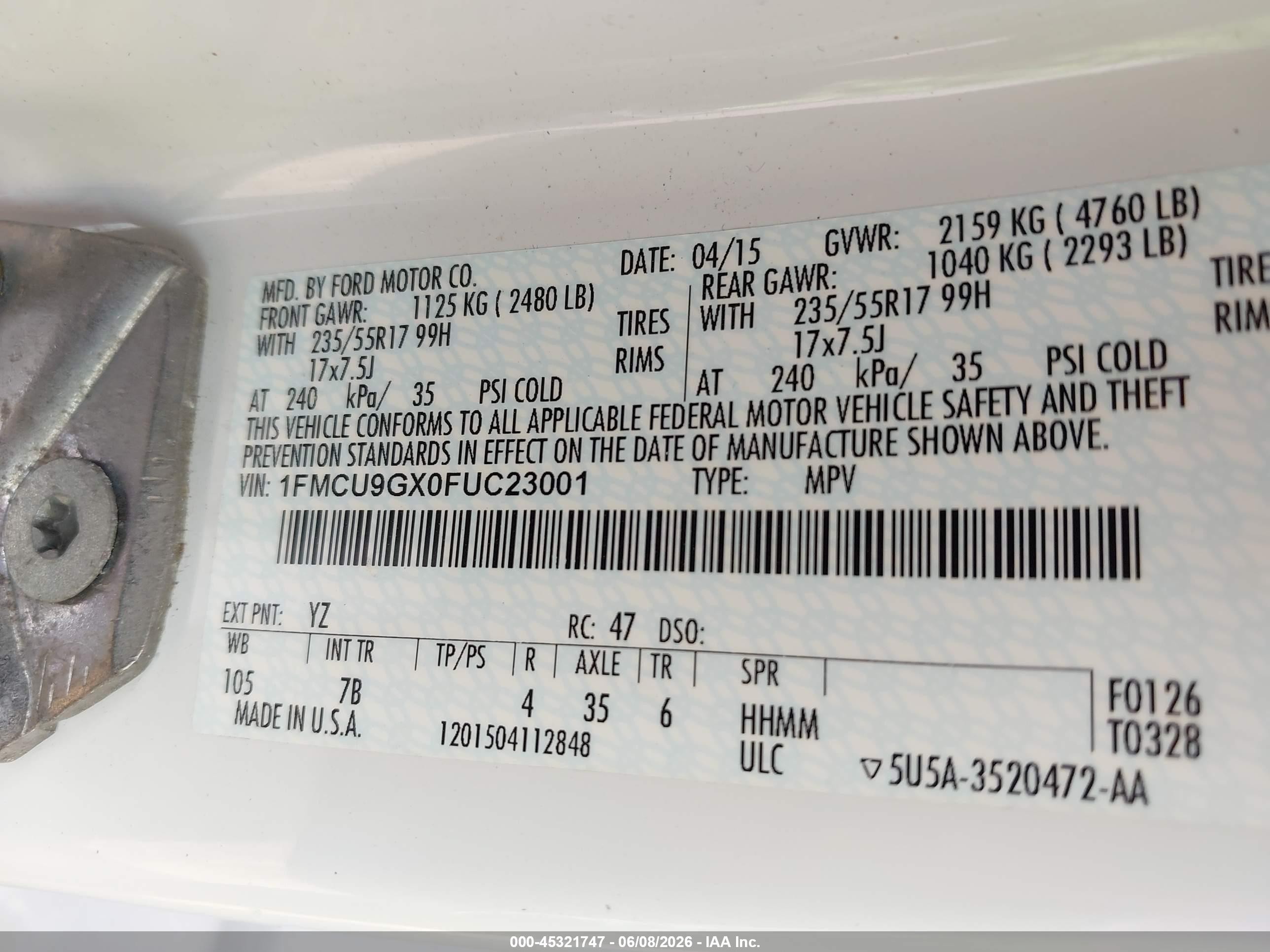 2015 Ford Escape Se White vin: 1FMCU9GX0FUC23001