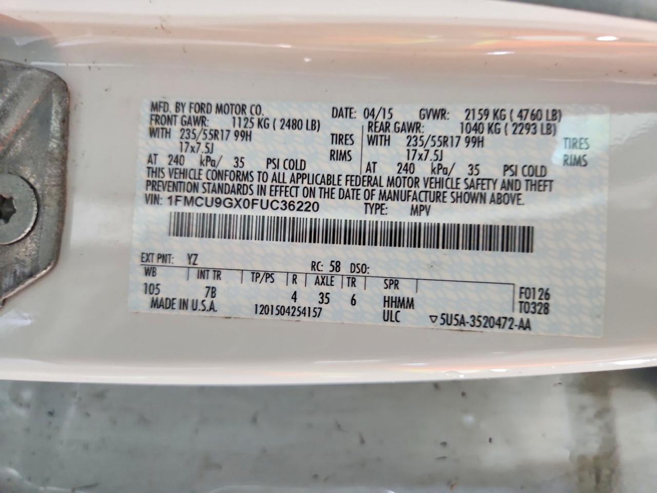 2015 Ford Escape Se Белый vin: 1FMCU9GX0FUC36220