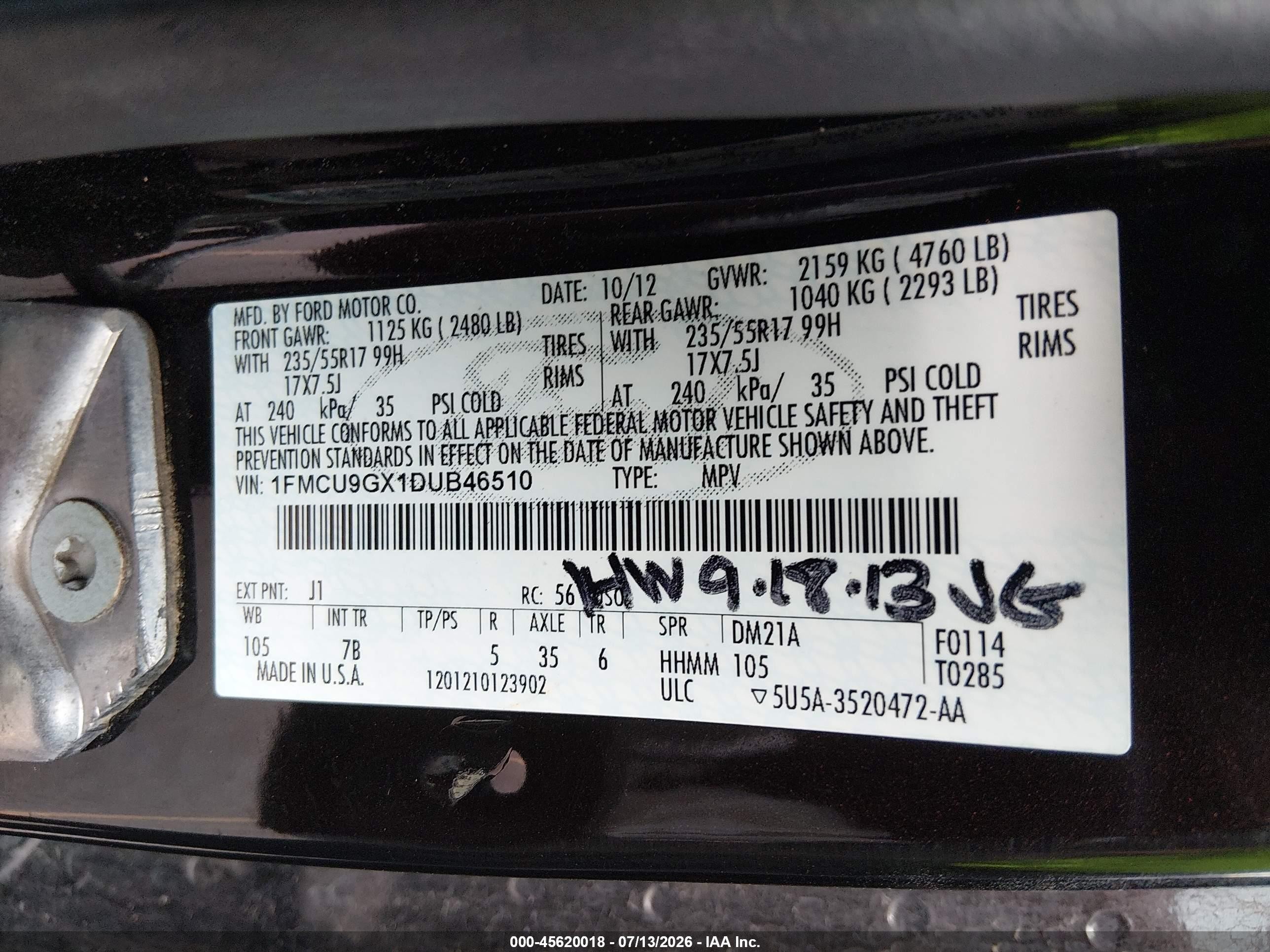 2013 Ford Escape Se Black vin: 1FMCU9GX1DUB46510