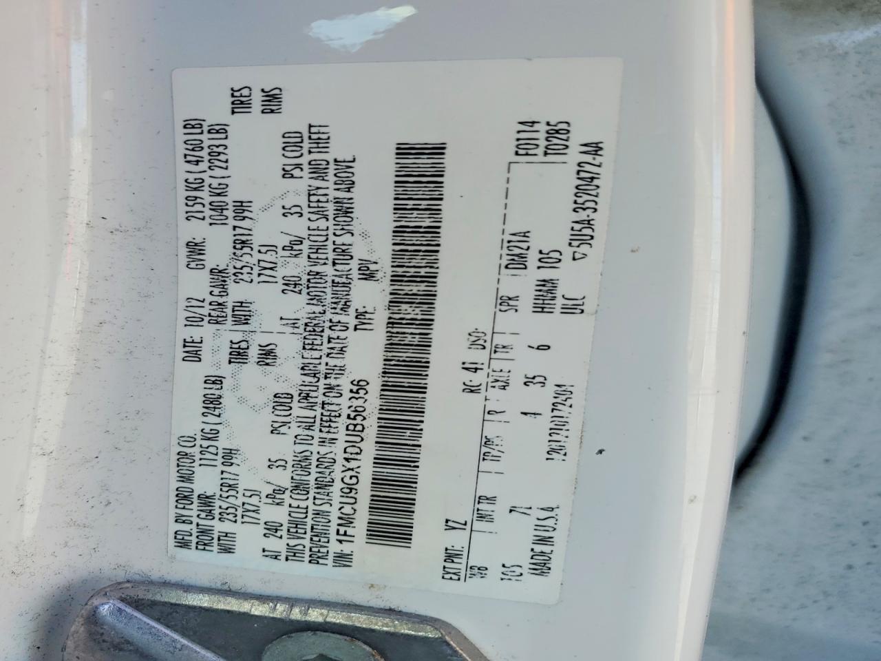 2013 Ford Escape Se White vin: 1FMCU9GX1DUB56356