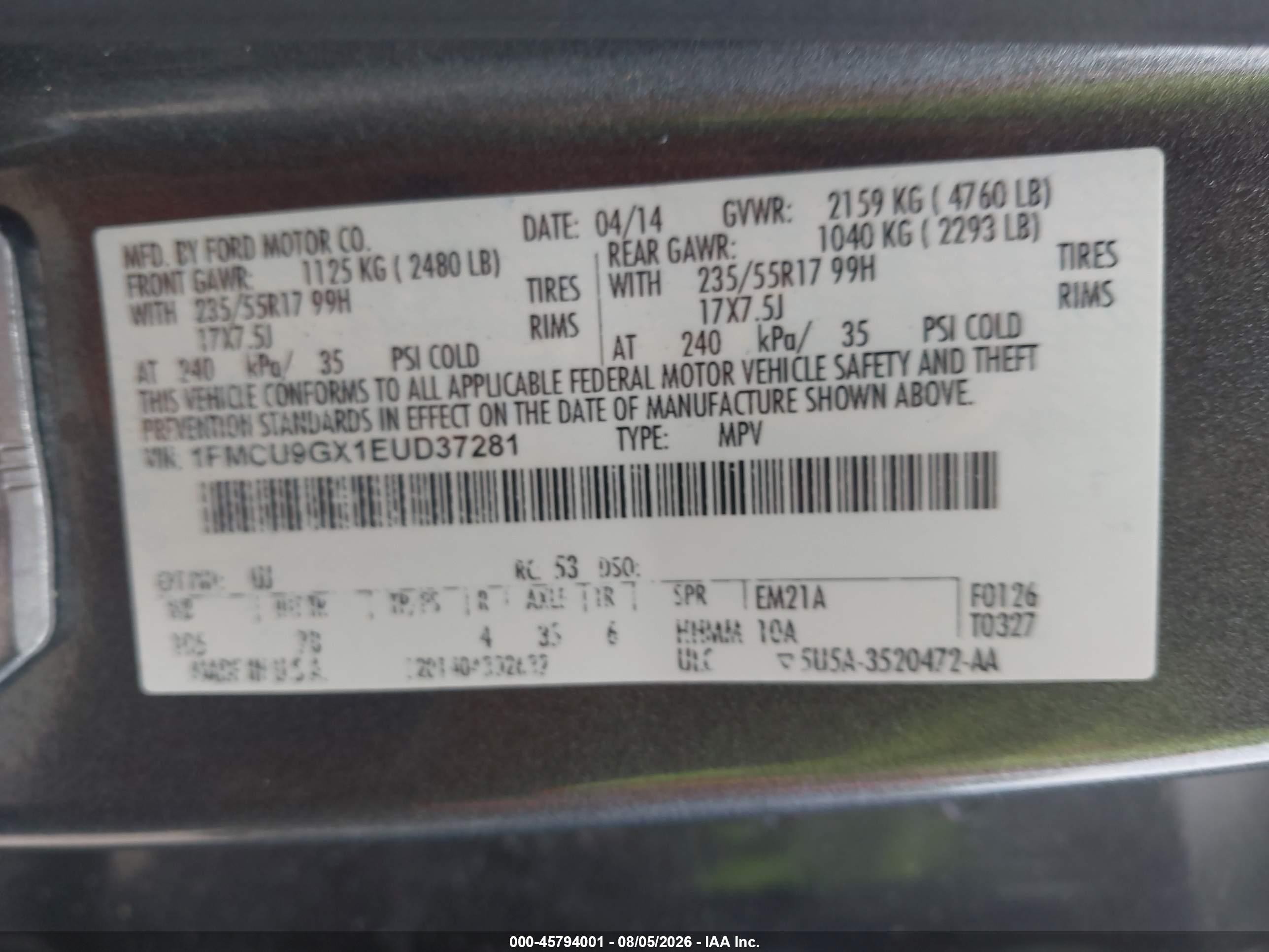 2014 Ford Escape Se Gray vin: 1FMCU9GX1EUD37281