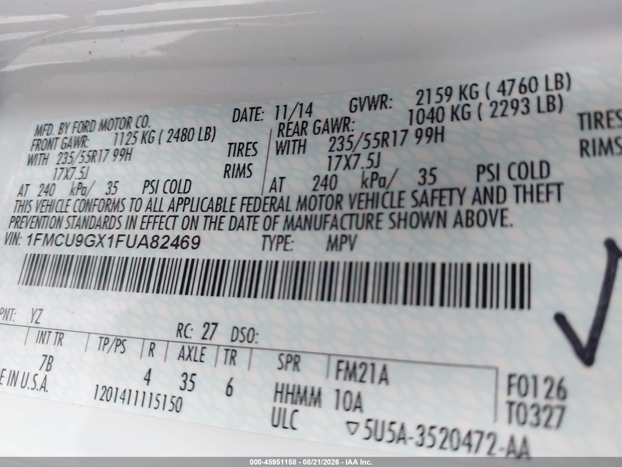 2015 Ford Escape Se White vin: 1FMCU9GX1FUA82469