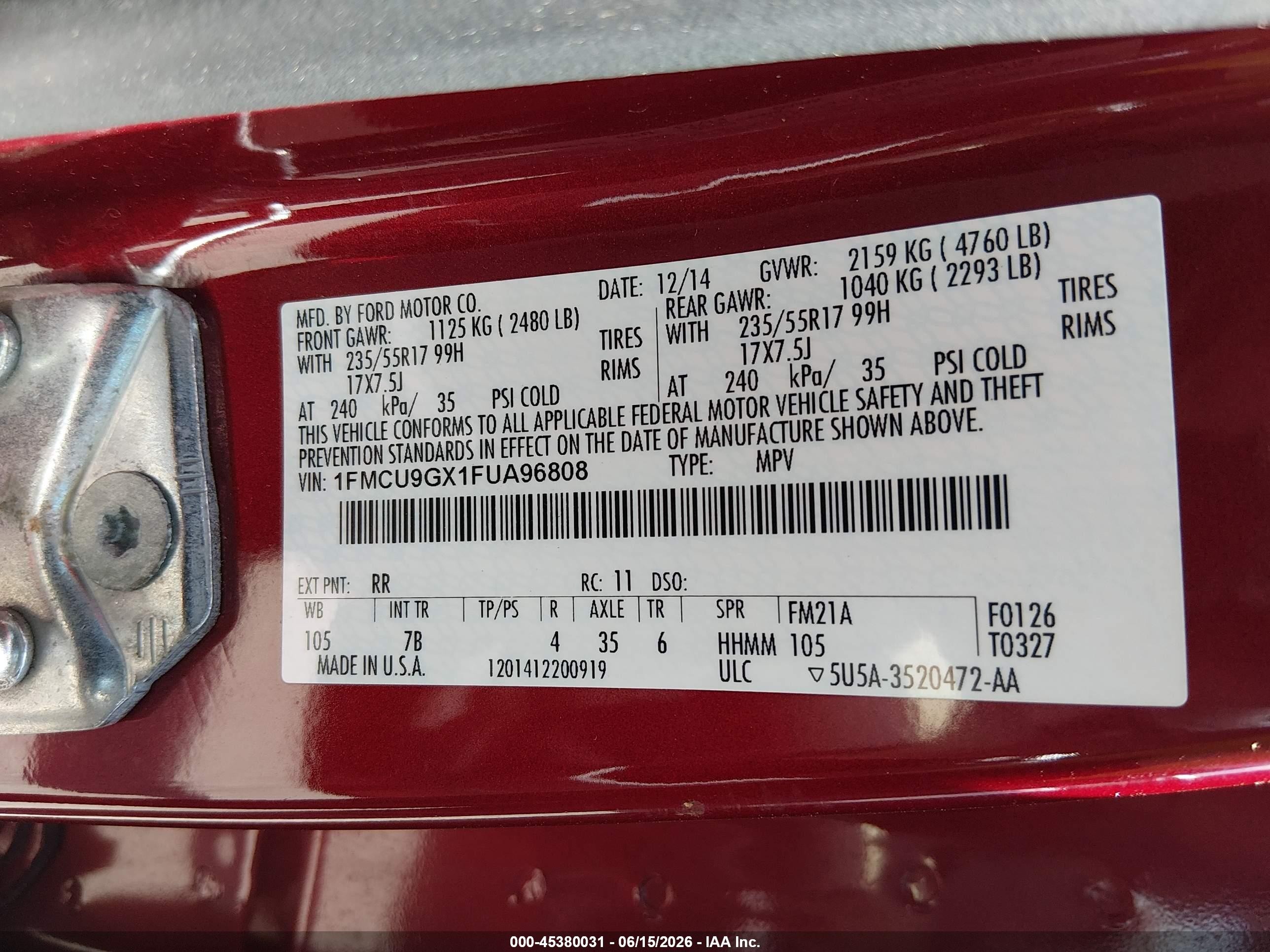 2015 Ford Escape Se Maroon vin: 1FMCU9GX1FUA96808