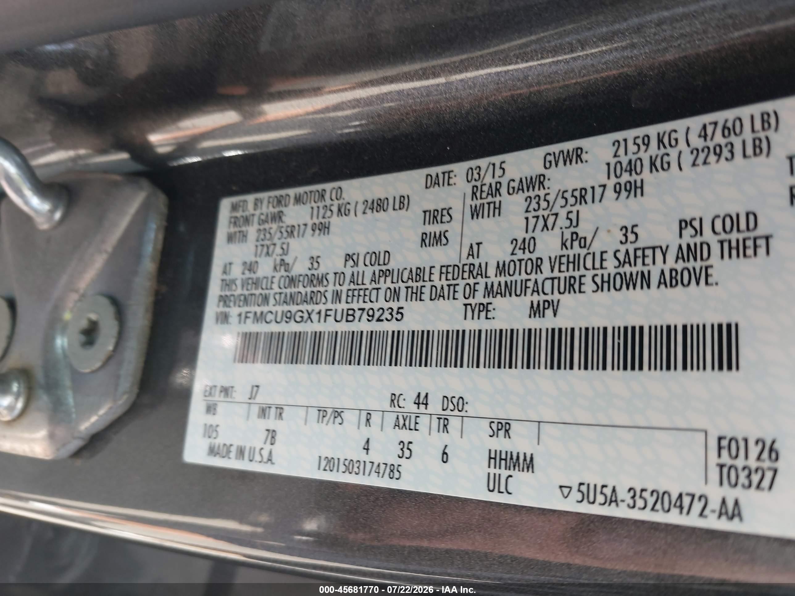2015 Ford Escape Se Gray vin: 1FMCU9GX1FUB79235