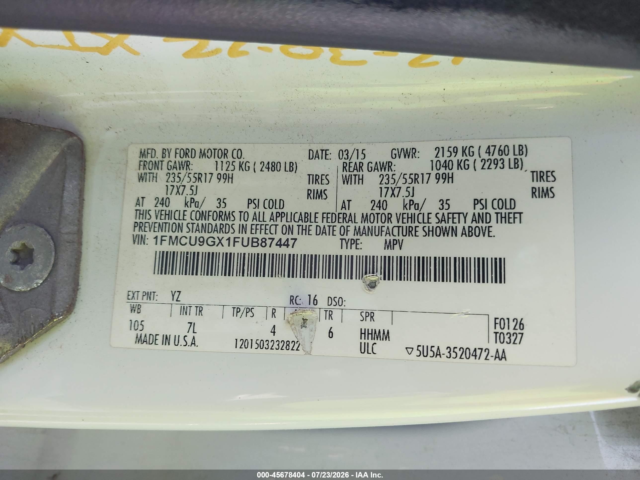 2015 Ford Escape Se White vin: 1FMCU9GX1FUB87447