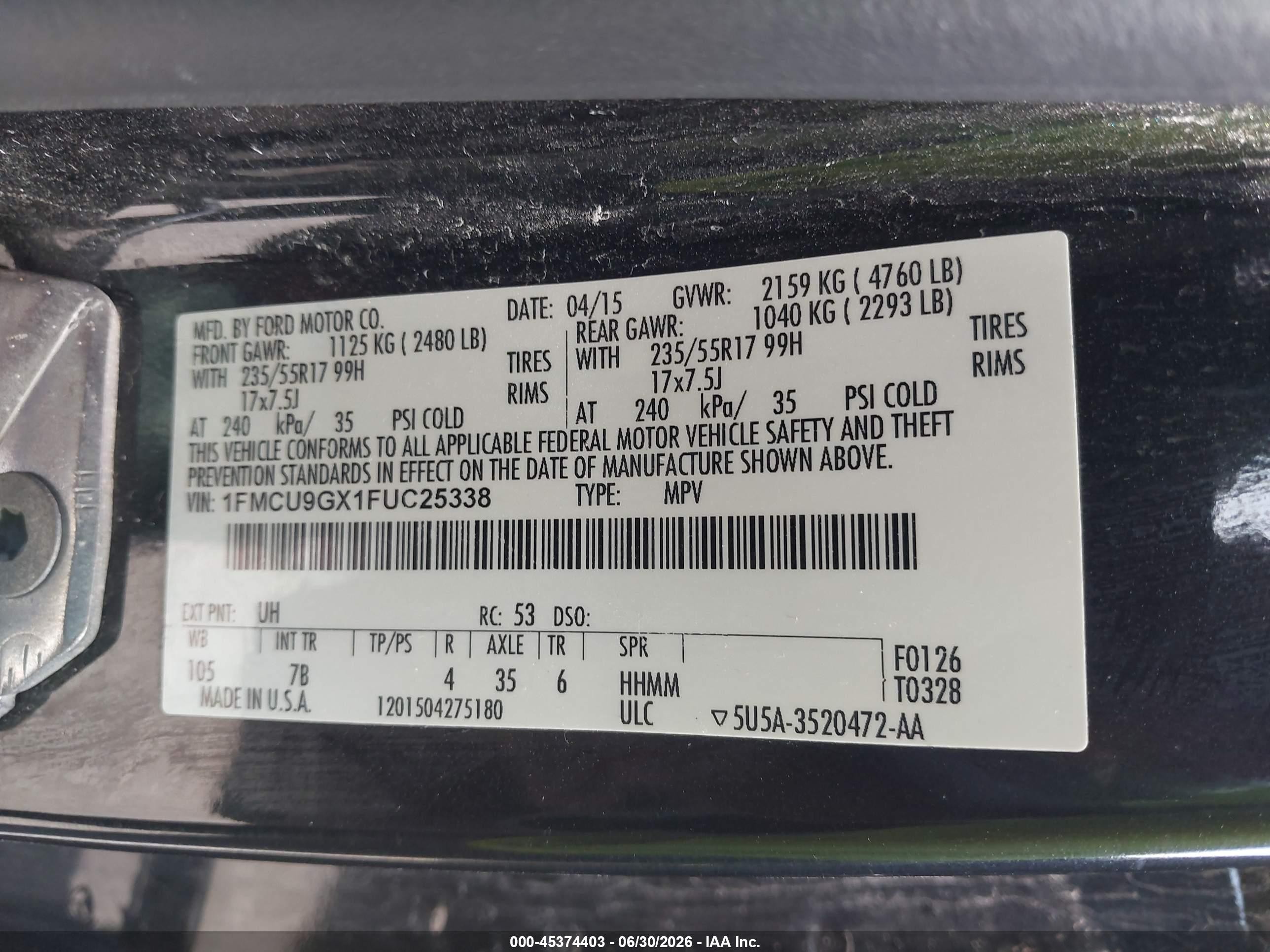 2015 Ford Escape Se Black vin: 1FMCU9GX1FUC25338
