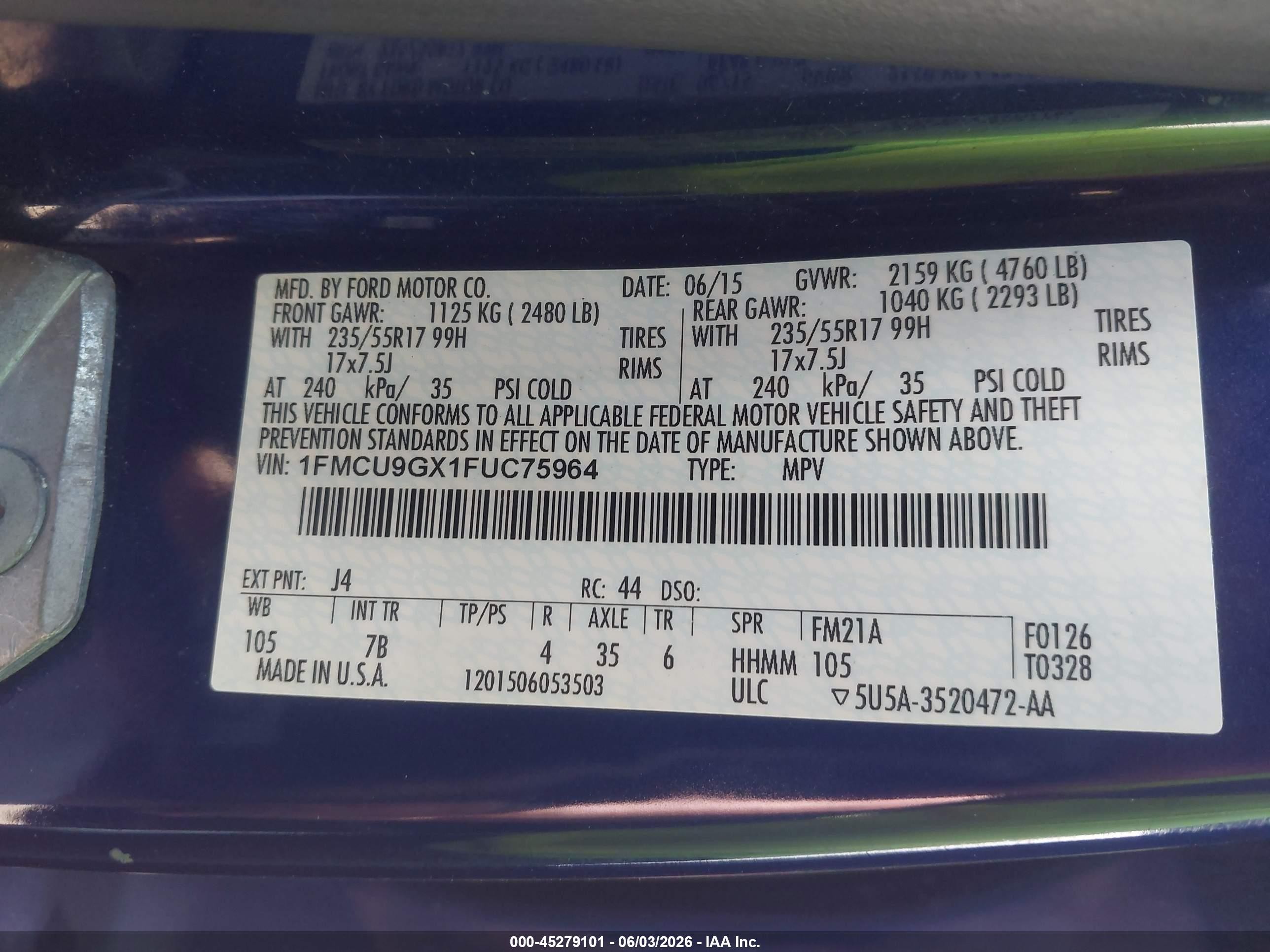 2015 Ford Escape Se Синий vin: 1FMCU9GX1FUC75964