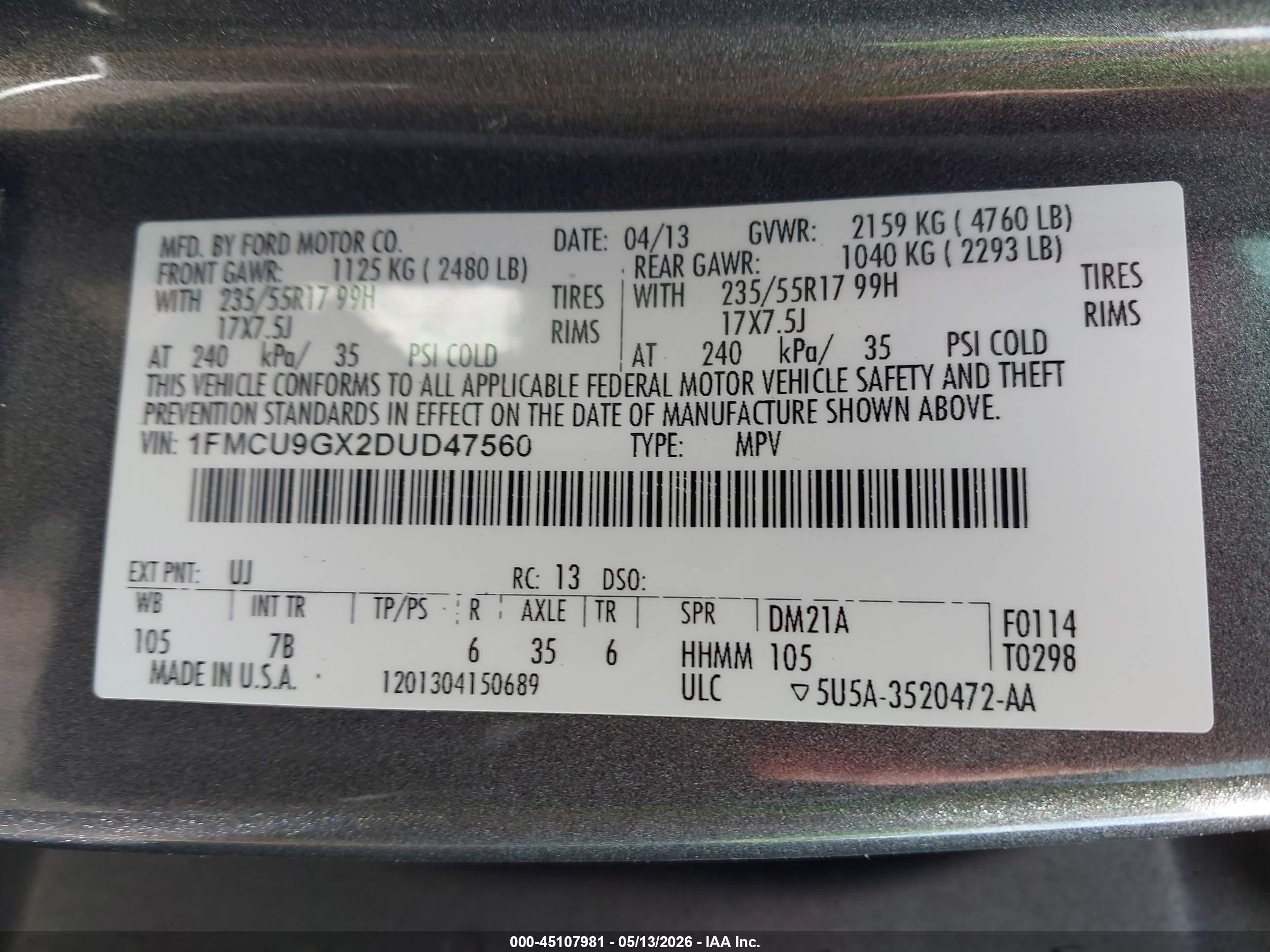 2013 Ford Escape Se Gray vin: 1FMCU9GX2DUD47560