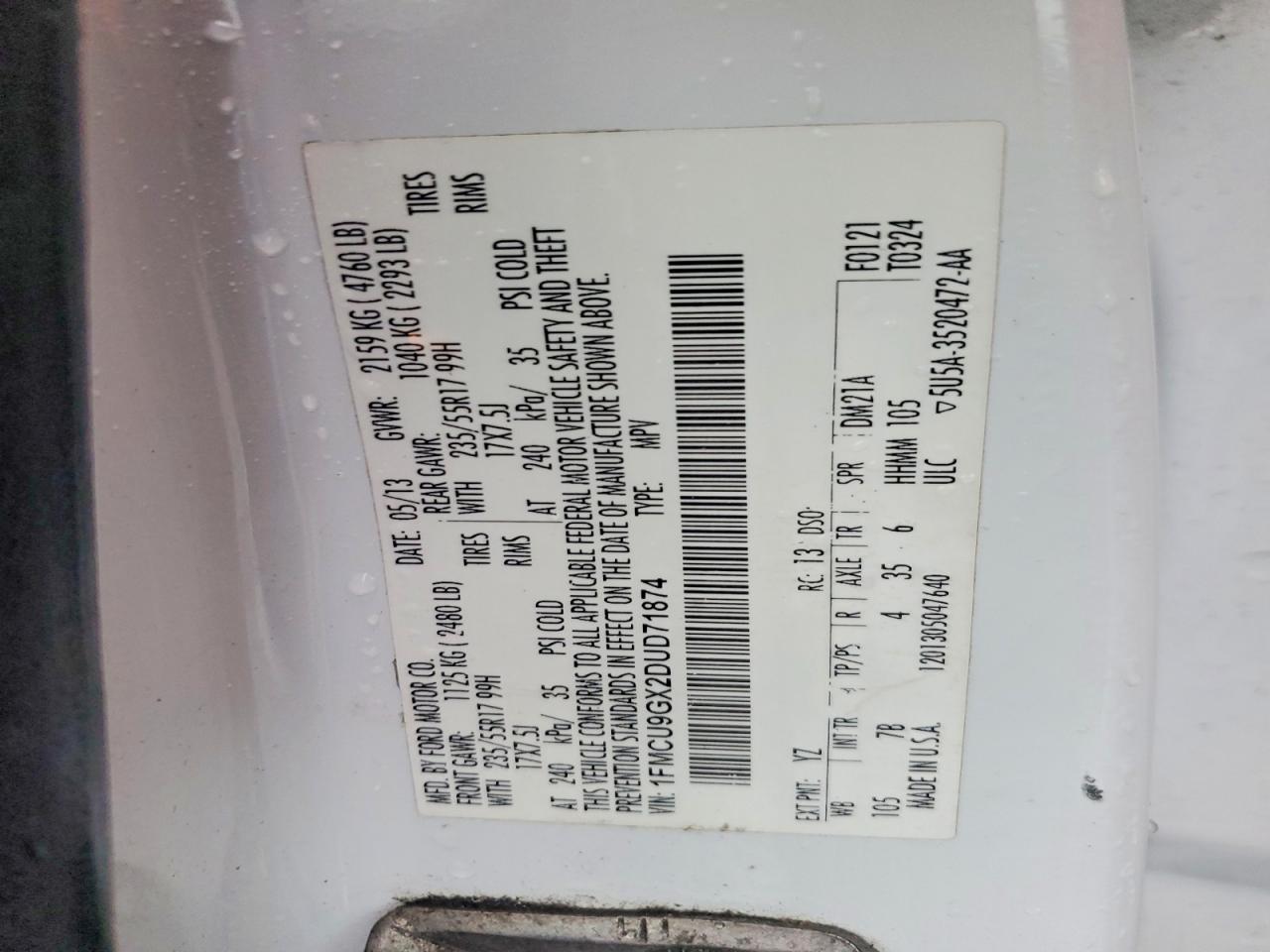 2013 Ford Escape Se White vin: 1FMCU9GX2DUD71874