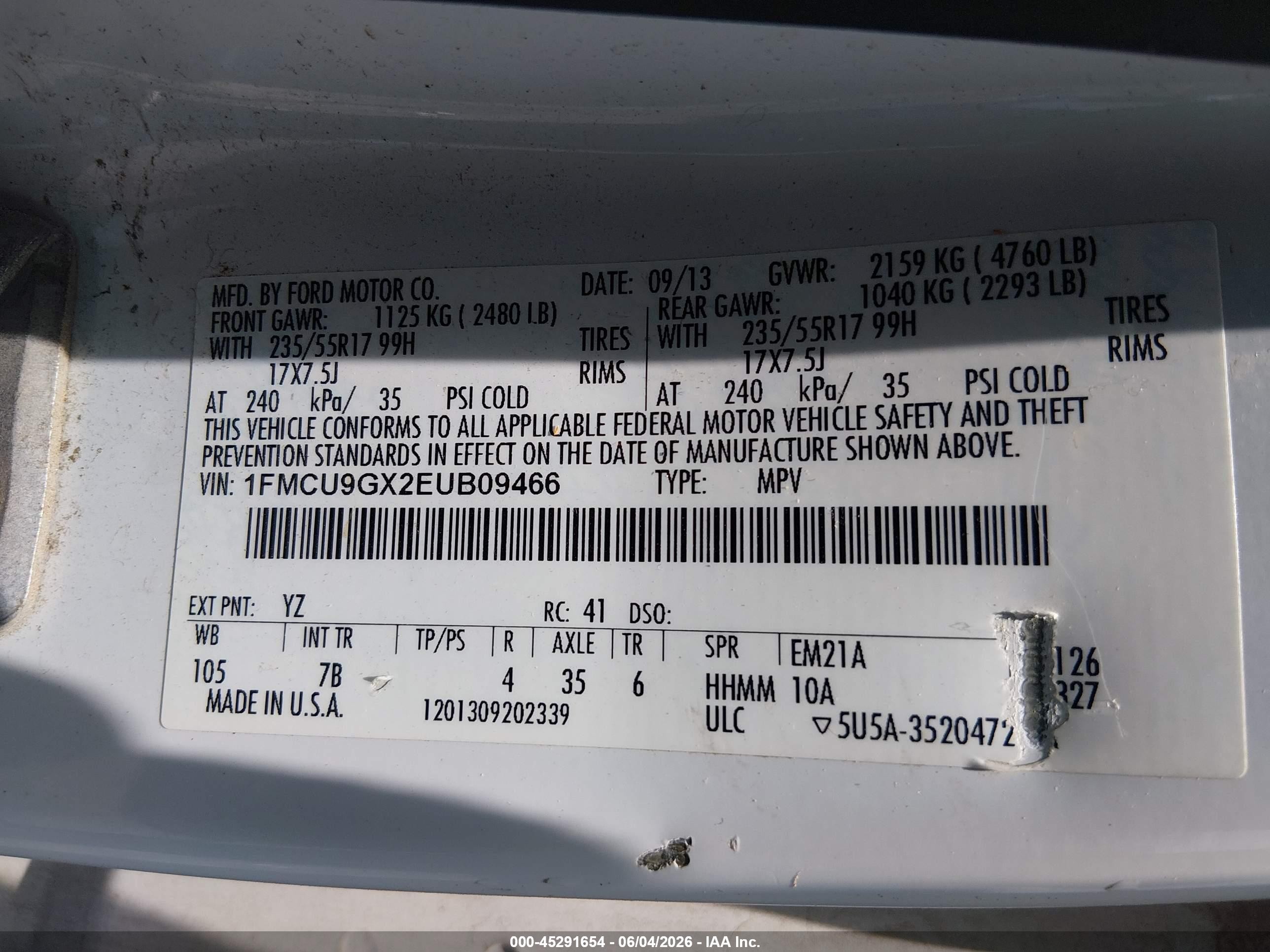 2014 Ford Escape Se White vin: 1FMCU9GX2EUB09466