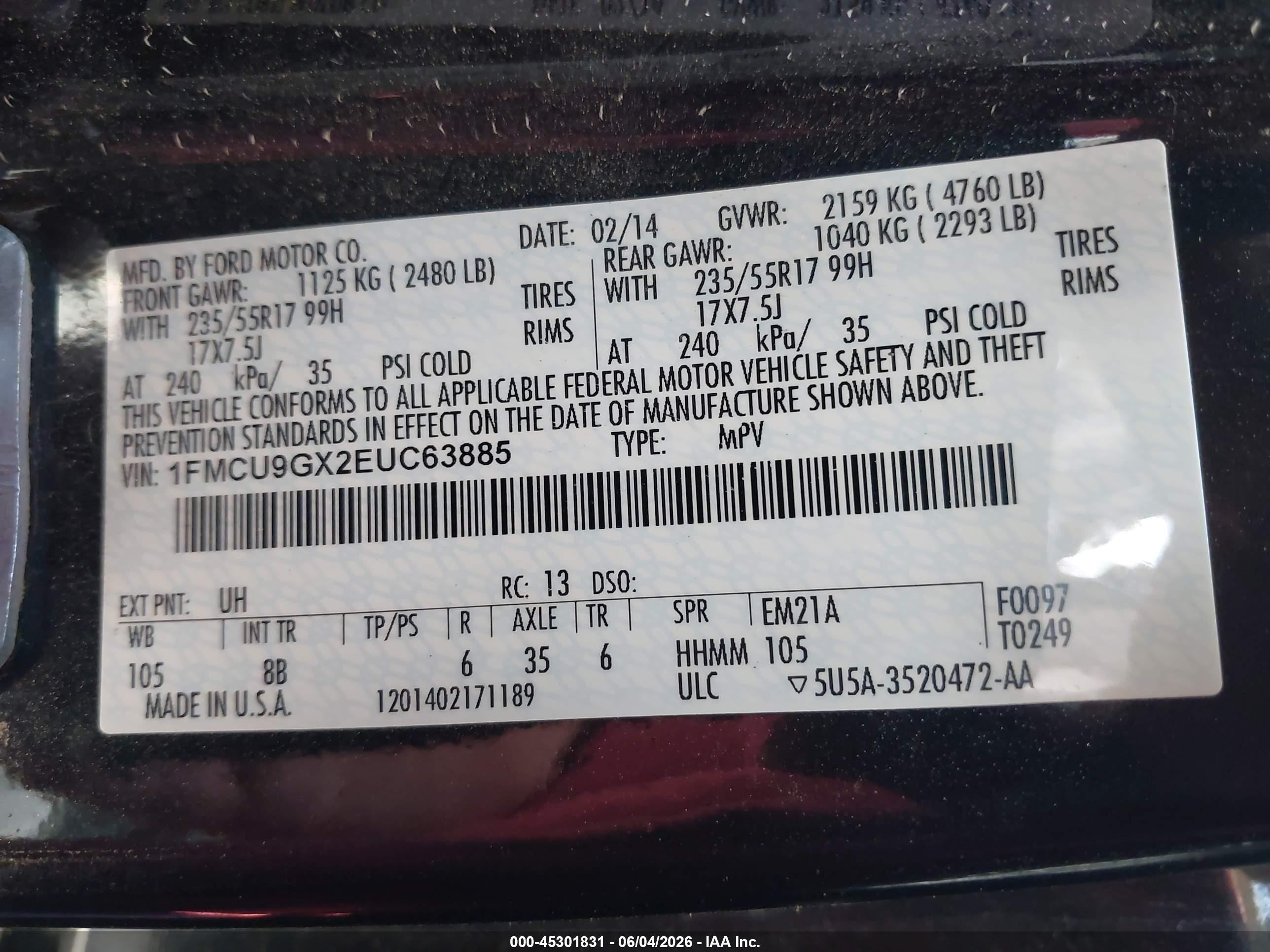 2014 Ford Escape Se Black vin: 1FMCU9GX2EUC63885