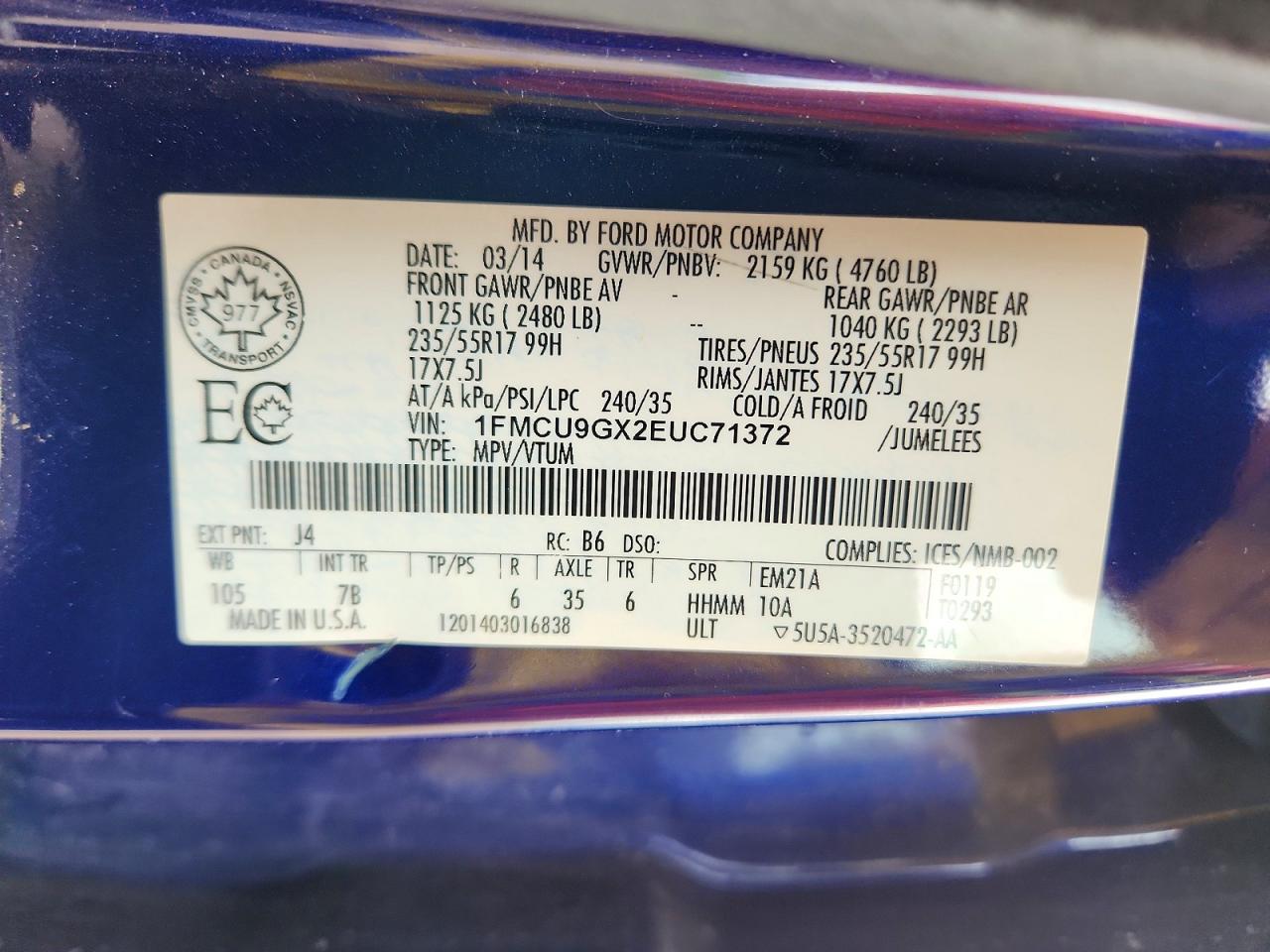 2014 Ford Escape Se Blue vin: 1FMCU9GX2EUC71372
