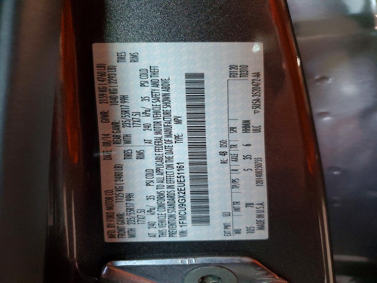 2014 Ford Escape Se Charcoal vin: 1FMCU9GX2EUE51161