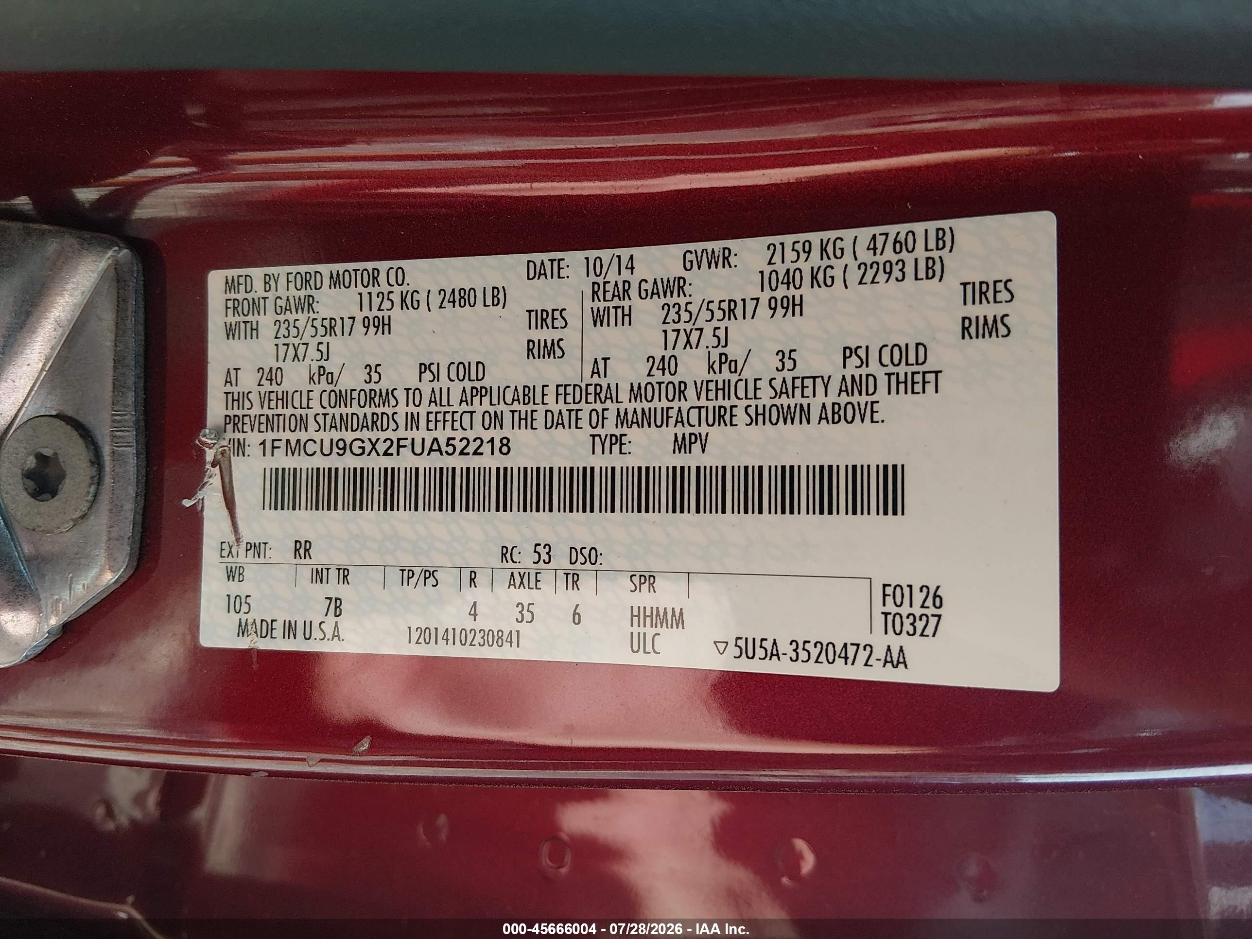 2015 Ford Escape Se Red vin: 1FMCU9GX2FUA52218